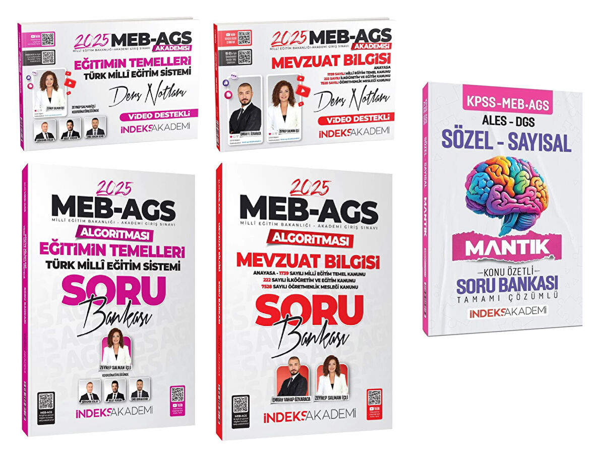 İndeks Akademi 2025 MEB-AGS Akademisi Eğitimin Temelleri + Mevzuat Bilgisi Ders Notları + Sözel-Sayısal Mantık Soru Bankası 5 li Set