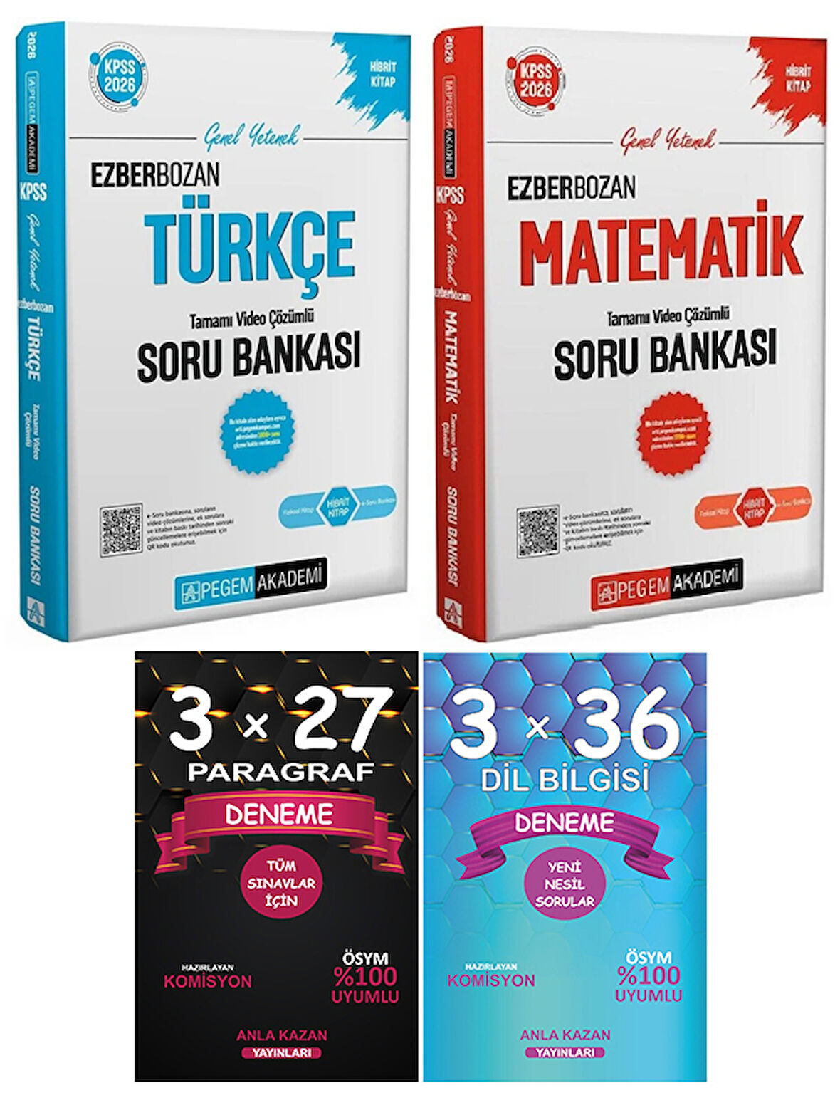 Pegem + Anla Kazan KPSS Ezberbozan Türkçe Matematik Soru Paragraf + Dil Bilgisi Deneme 4 lü Set