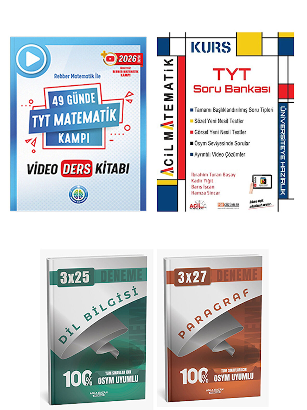 Rehber + Acil 2026 TYT Matematik Video Ders + TYT Matematik Soru + Anla Kazan Deneme 4 lü Set