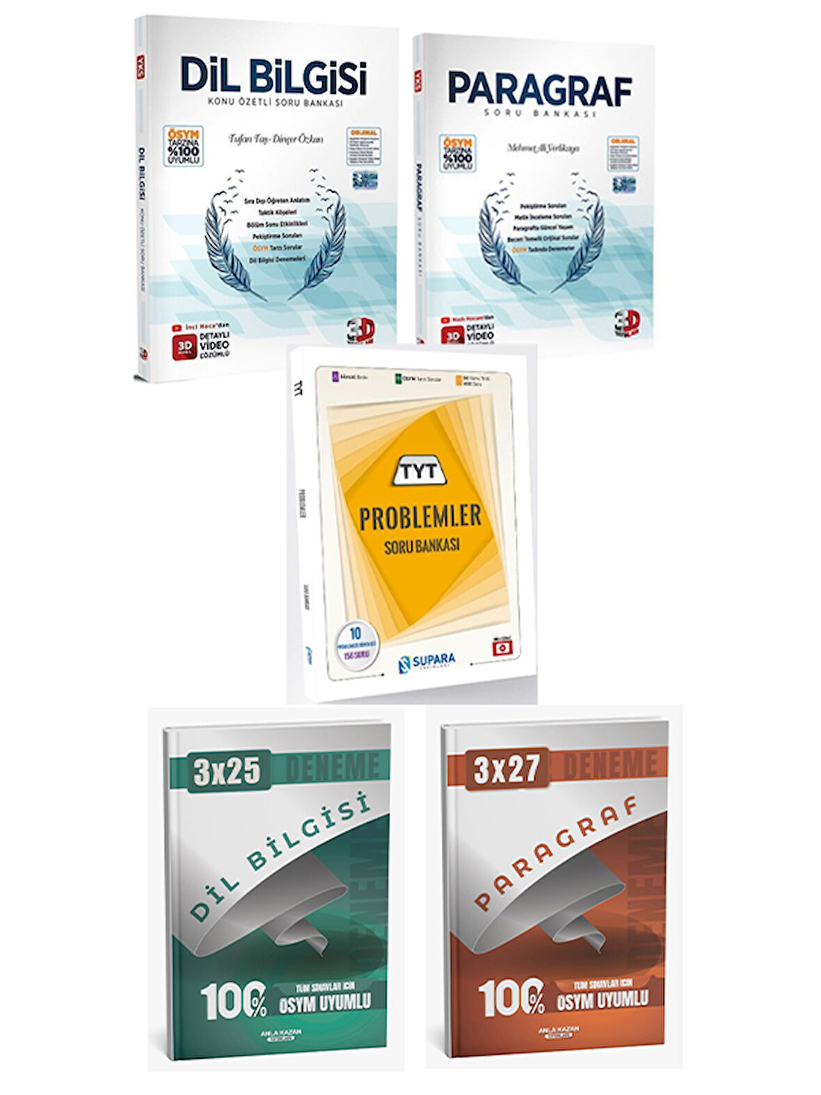 3D + Supara TYT Paragraf Dil Bilgisi Soru + Problem Soru + Anla Kazan Deneme 5 li Set