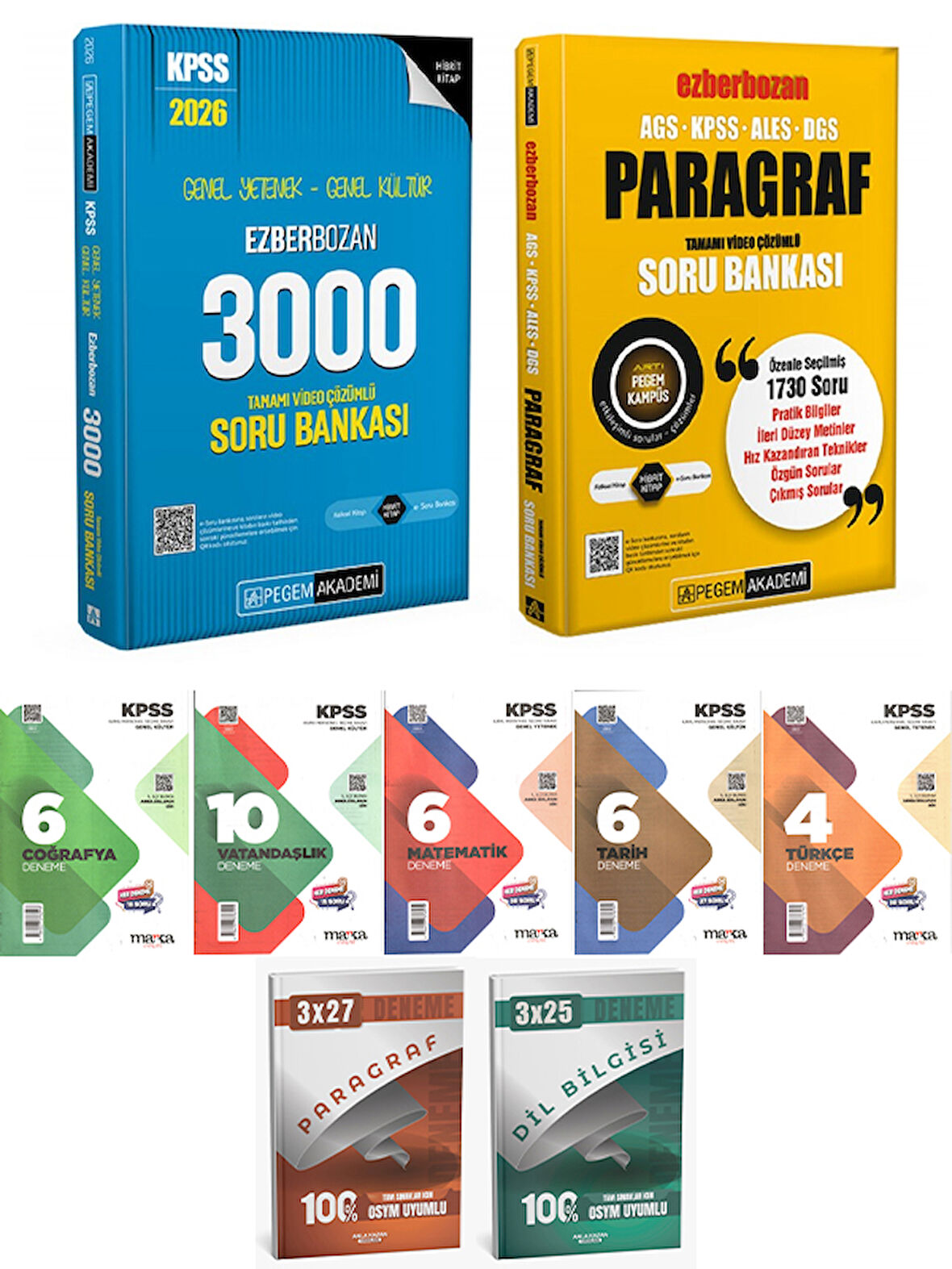 Pegem + Anla Kazan 2026 KPSS GYGK Ezberozan 3000 + Paragraf Soru + Marka Deneme 9 lu Deneme
