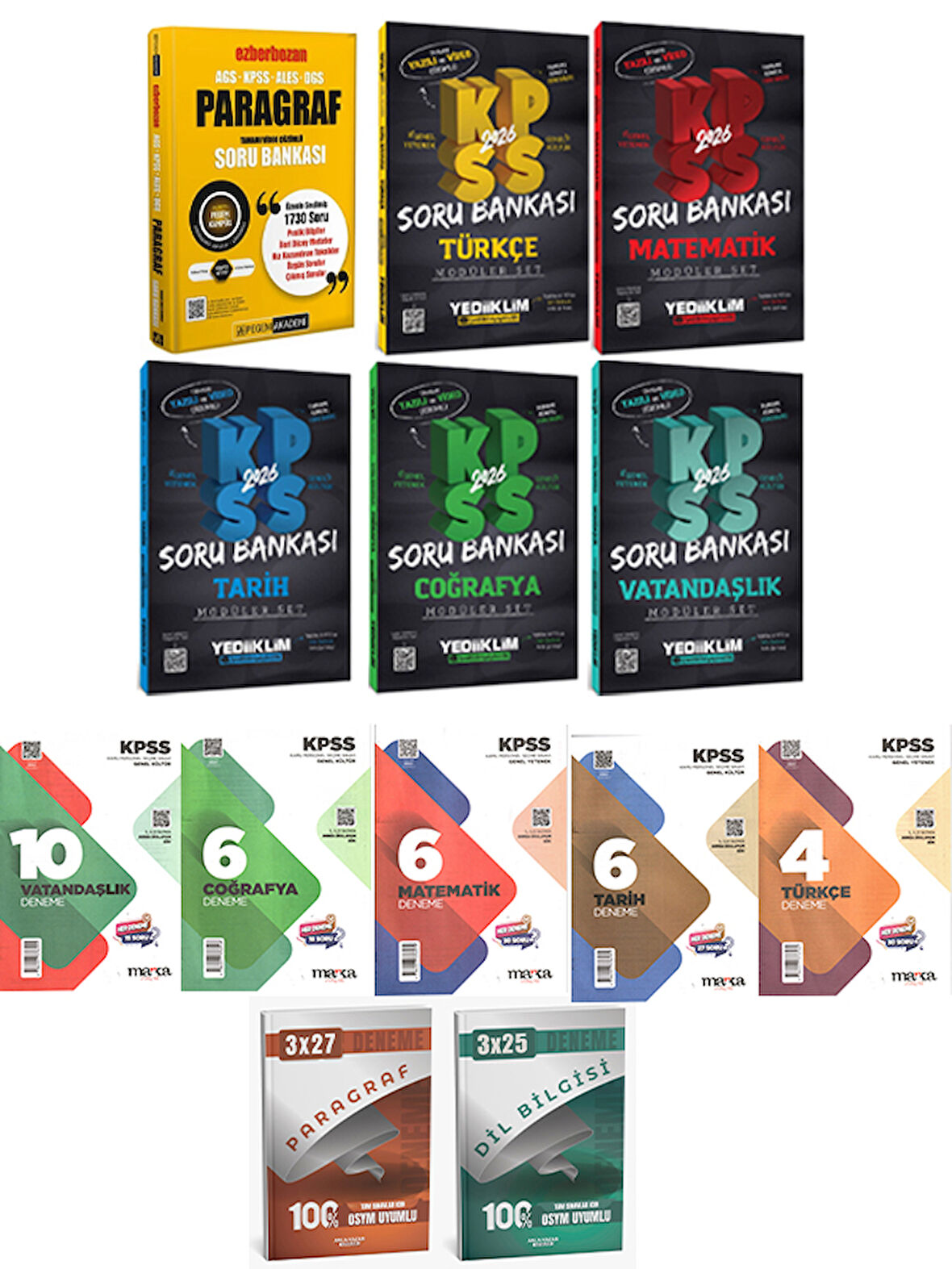 Yediiklim + AnlaKazan 2026 KPSS GYGK Lisans Soru + Ezberbozan Paragraf + Marka Deneme + Anka Deneme 13 lü Set