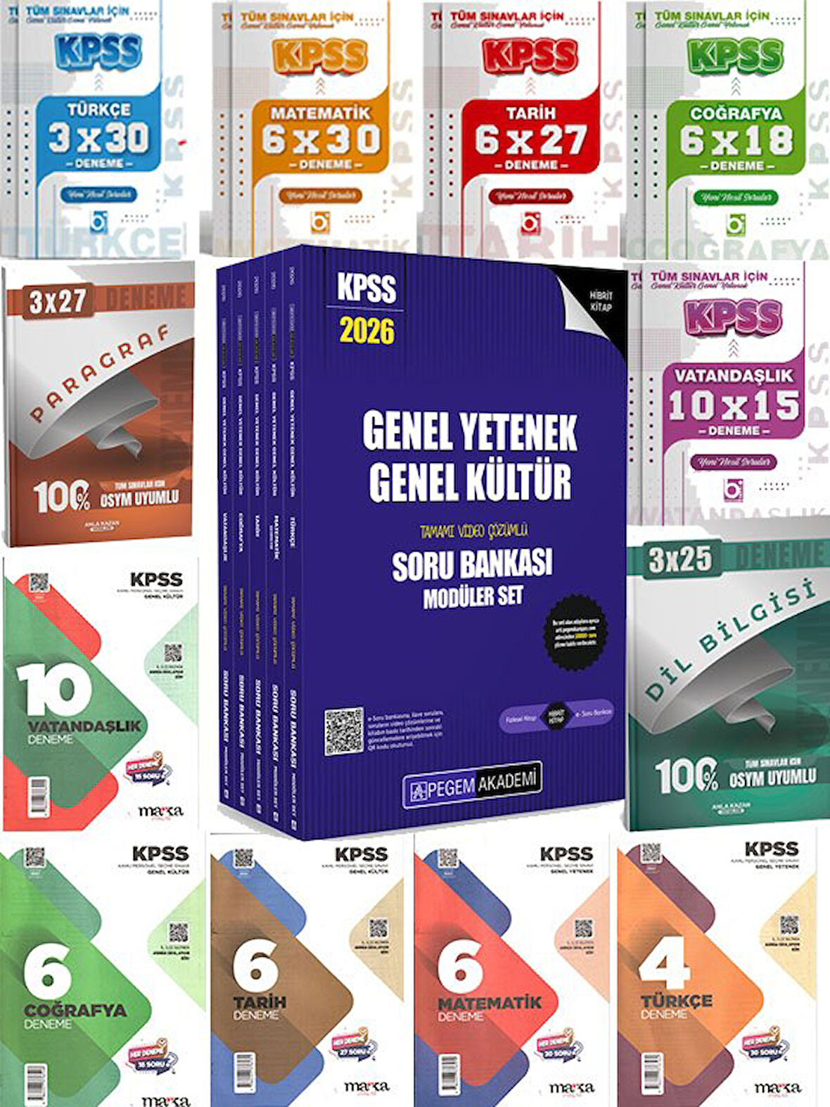 Pegem 2026 KPSS Genel Yetenek Genel Kültür Tamamı Çözümlü Soru Bankası Seti - (5 Kitap)+69 Deneme