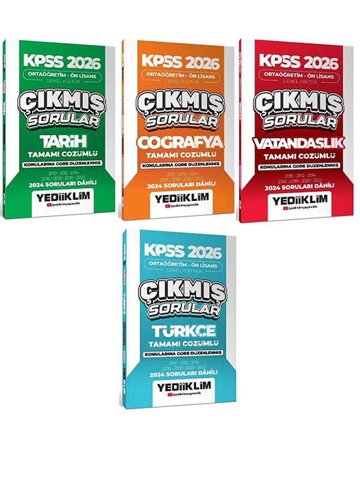 Yediiklim 2026 KPSS Lise Ortaöğretim Ön Lisans Tarih + Coğrafya + Vatandaşlık + Türkçe Çıkmış Sorular Konularına Göre 4 lü Set