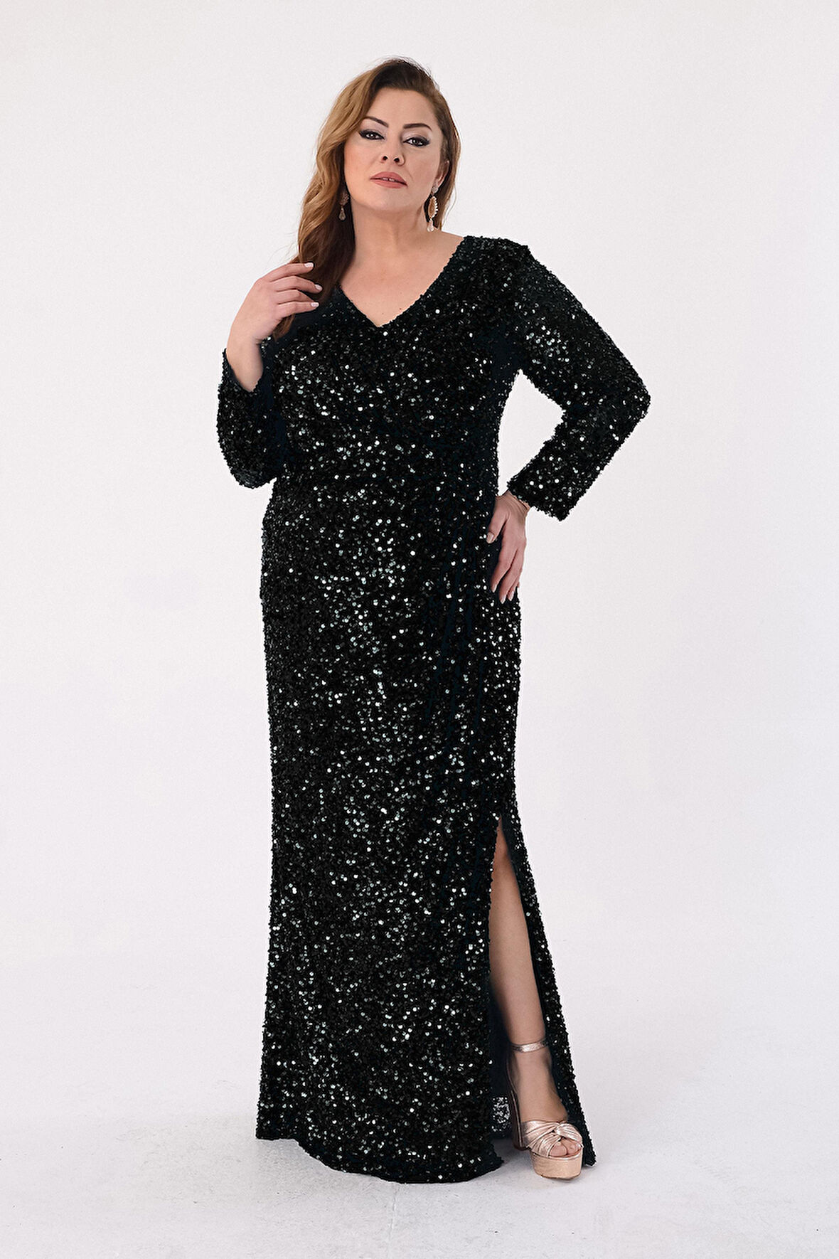 Lilas XXL Kadın Büyük Beden Pul Payetli V Yaka Uzun Abiye Elbise 2479 Siyah