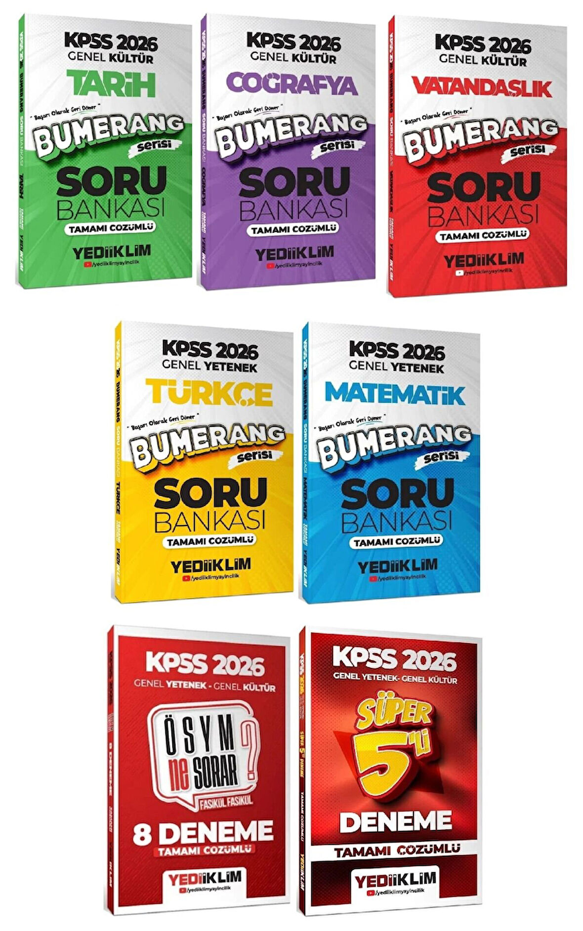 Yediiklim 2026 KPSS Genel Yetenek Genel Kültür Bumerang Soru Bankası + 8+5 Deneme 7 li Set Yediiklim Yayınları