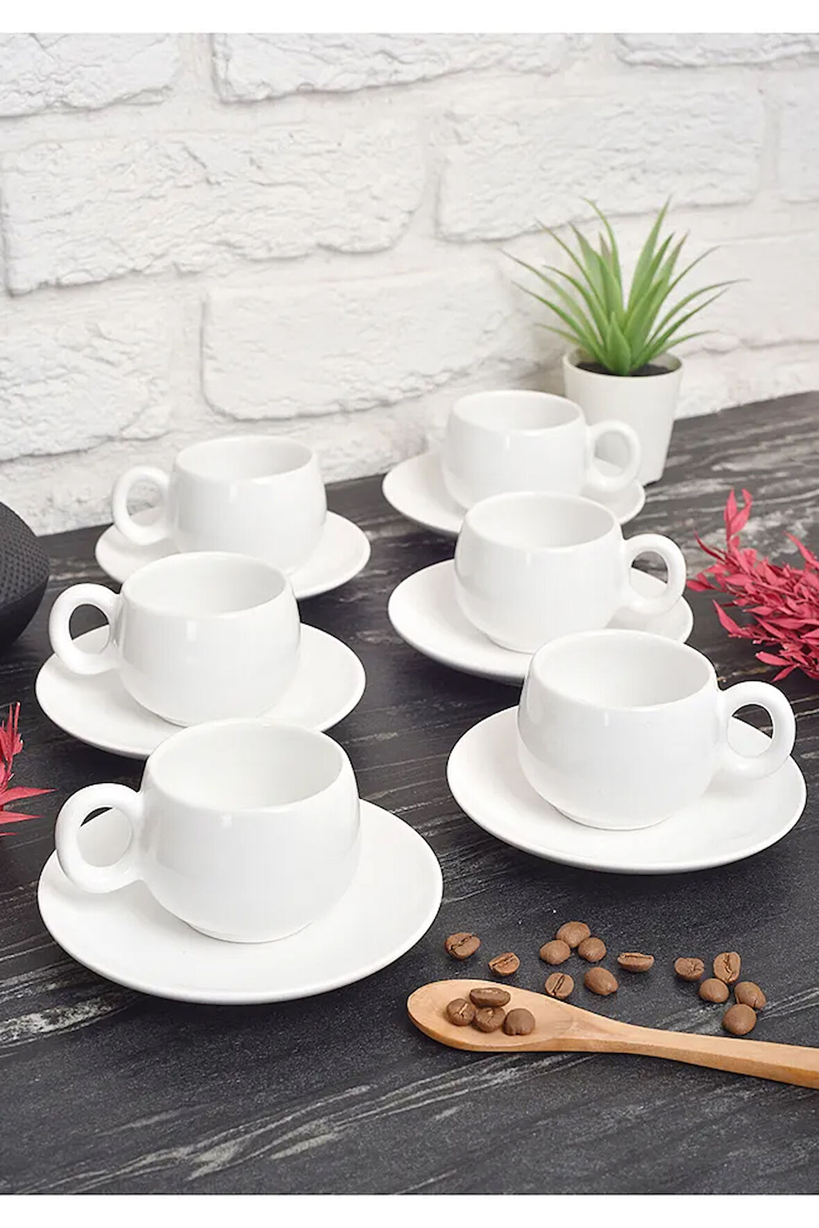 12 Parça Fincan Takımı | 6 Kişilik Fincan Seti | Beyaz Tombul Model