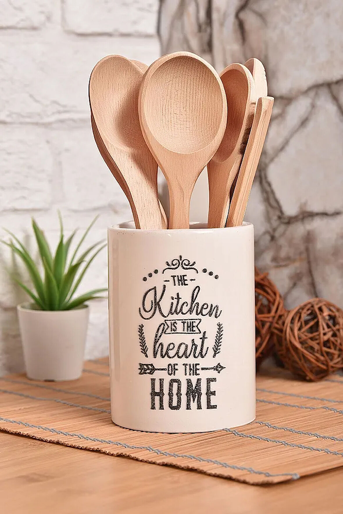 Seramik Mutfak Tezgah Üstü Dik Kaşıklık, Dekoratif Organizer