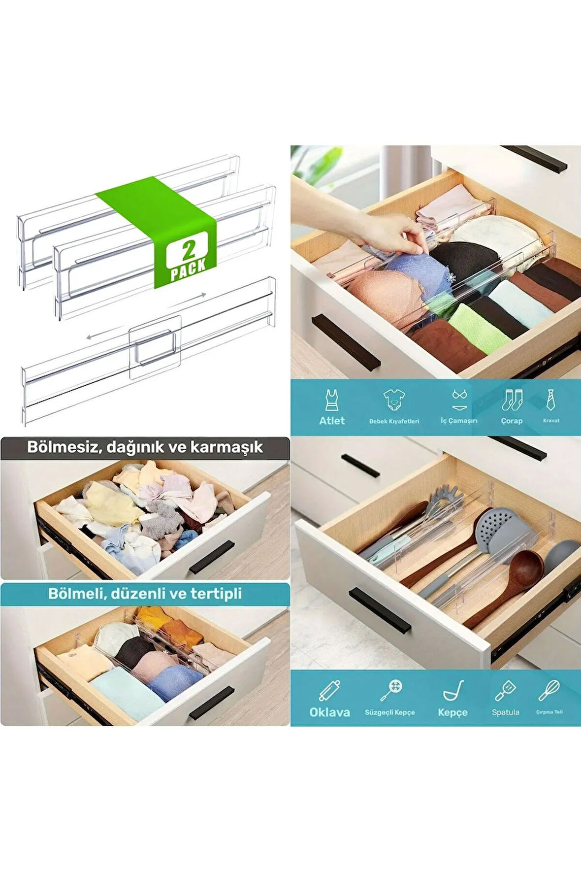 Akrilik Ayarlanabilir Çekmece Bölücü Düzenleyici Organizer 2 Adet