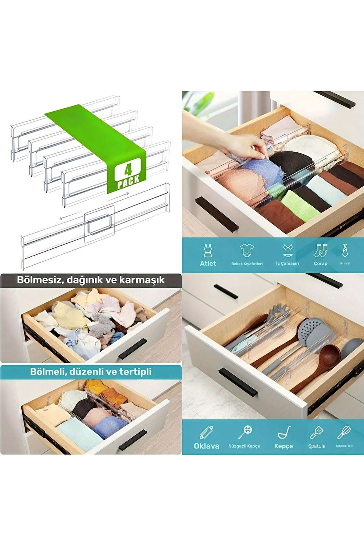 Akrilik Ayarlanabilir Çekmece Bölücü Düzenleyici Organizer 4 Adet
