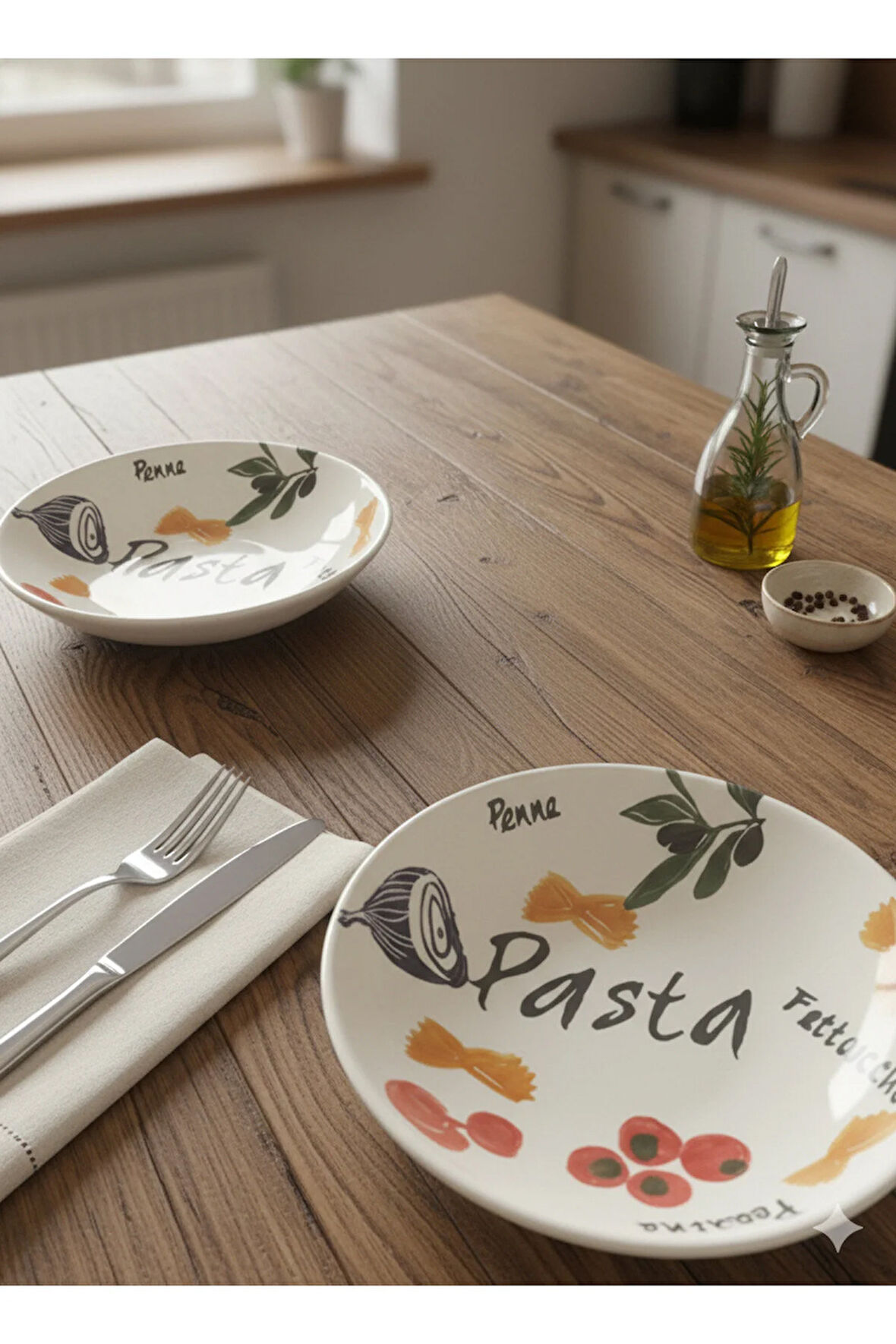 22 cm Seramik Derin Makarna Tabağı Beyaz Desenli 2 Adet