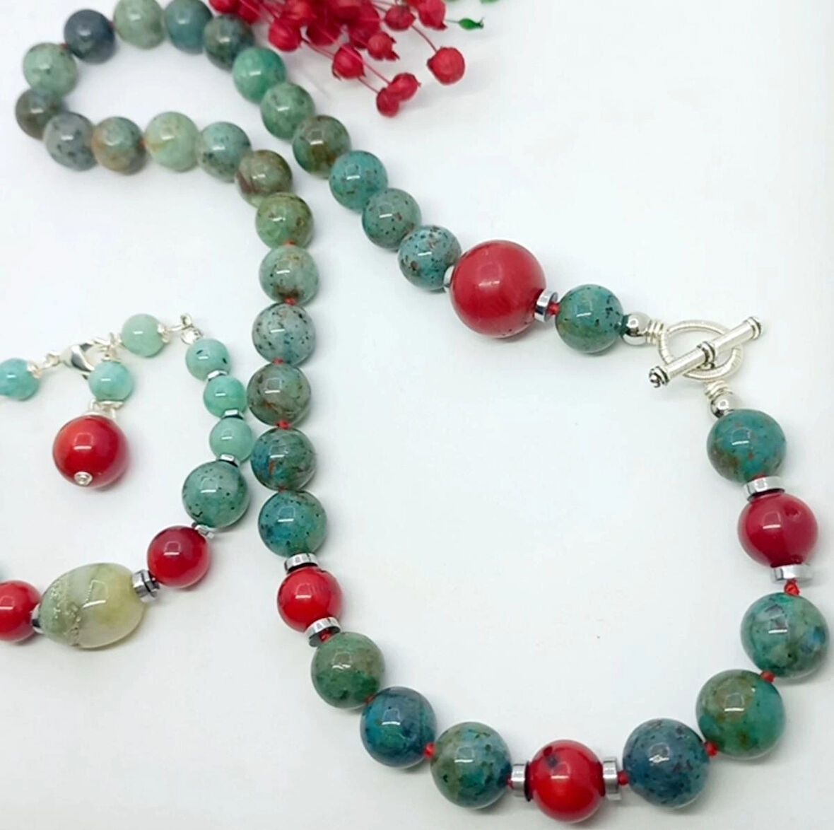 2481 Krizokol Mercan Hematit düğümlü el yapımı kolye