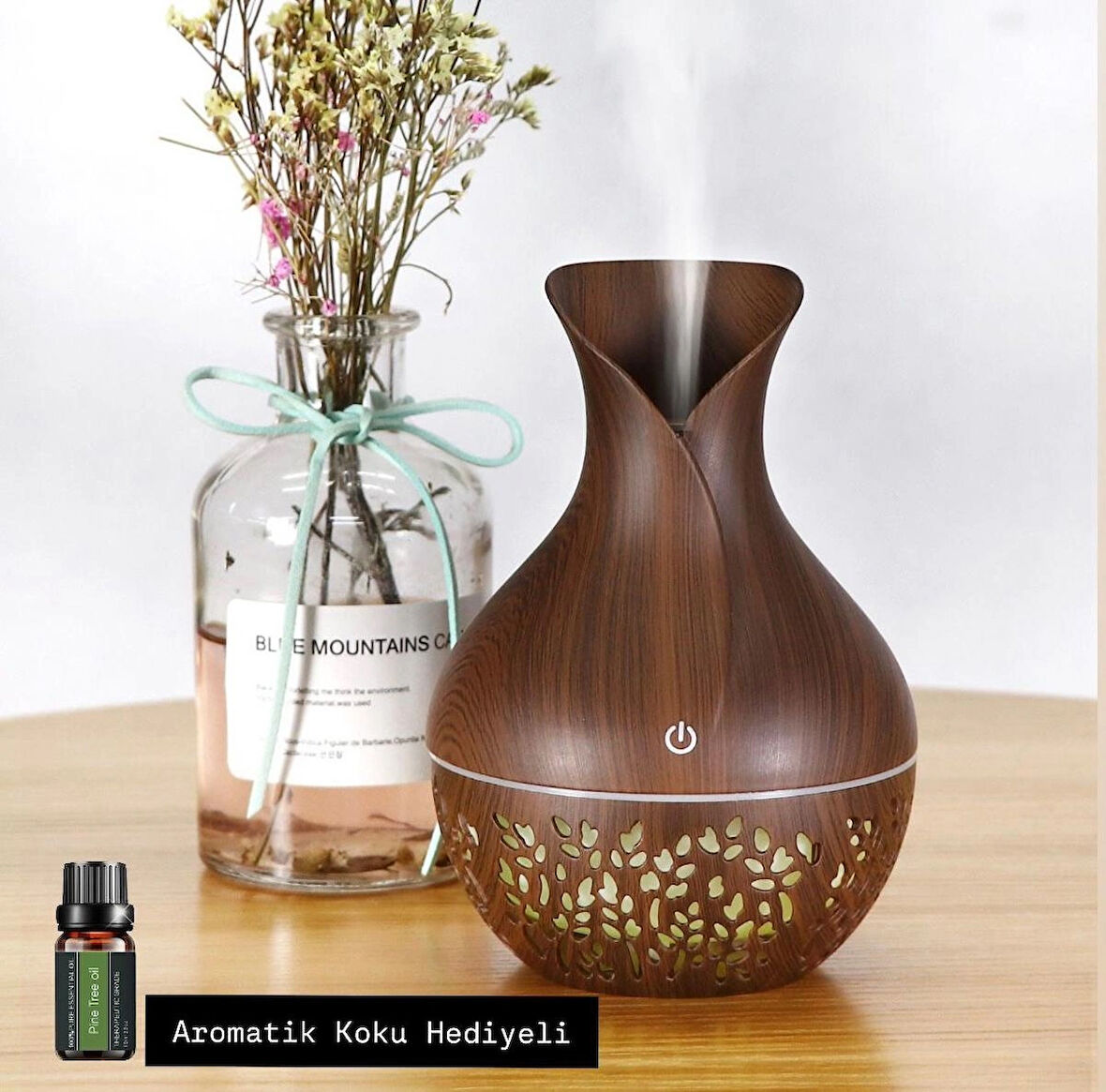 Ledli Ahşap Görünümlü Aroma Difüzörü Ultrasonik Hava Nemlendirici