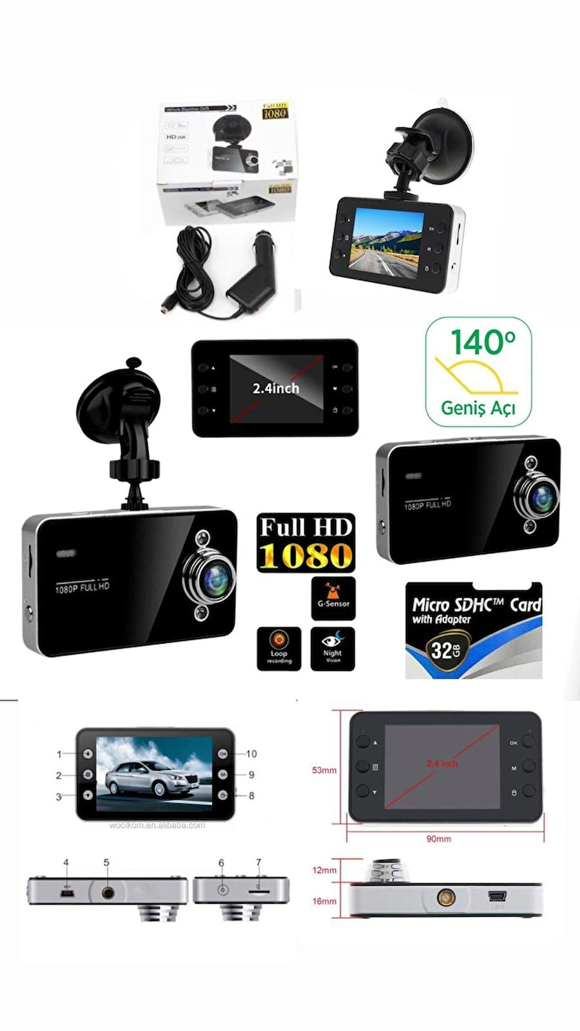 Araç Içi Kamera 2.4'' Tft Ekran 140° Geniş Açı 1080P Gece Görüşlü Uyumlu Yol Kayıt