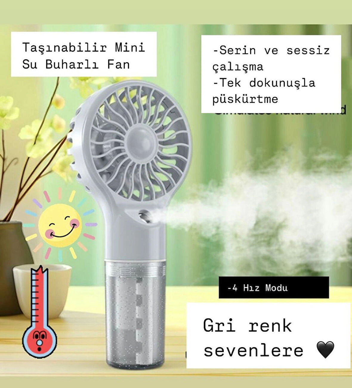 El Tipi Sulu Buharlı Fan Şarjlı Vantilatör Mini Masaüstü El Fan Taşınabilir 4 Kademeli Usb Pervane