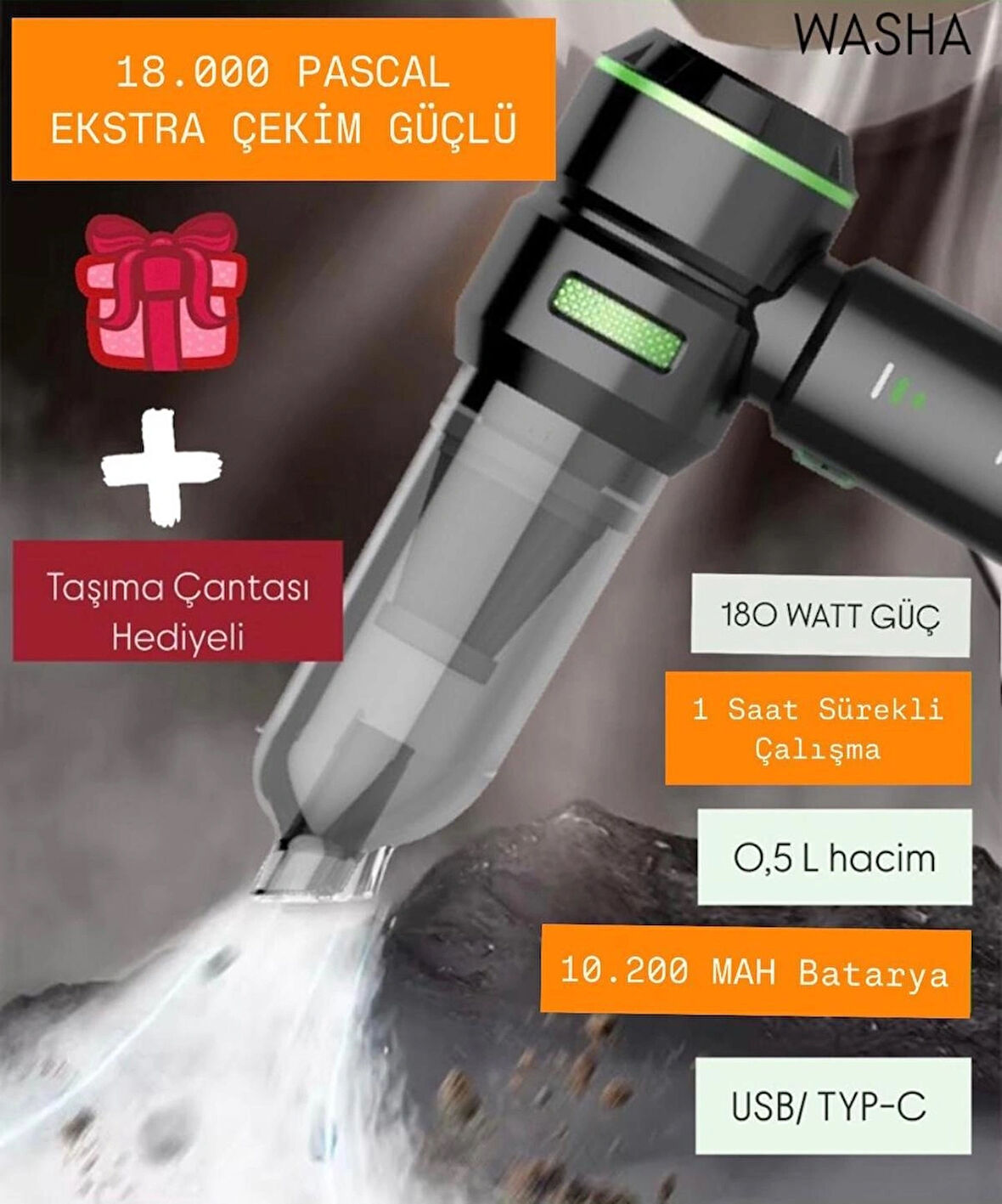 Güçlendirilmiş Batarya Mini Vakumlu Type C Şarjlı Araç El Süpürgesi Çok Fonksiyonlu 18000 Pa