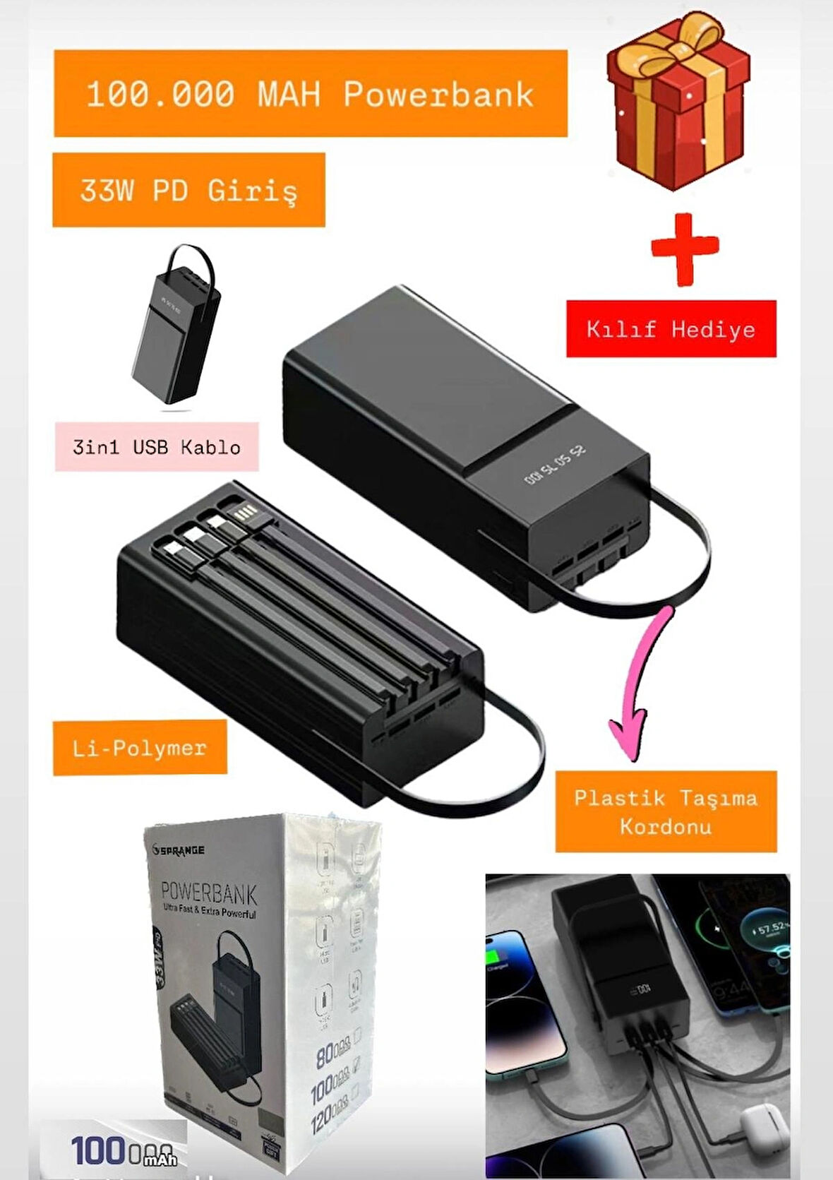 4 Çıkış 100.000 Mah Dijital Göstergeli Taşınabilir Powerbank 100 bin MAH 33W Turbo Şarj PD Giriş