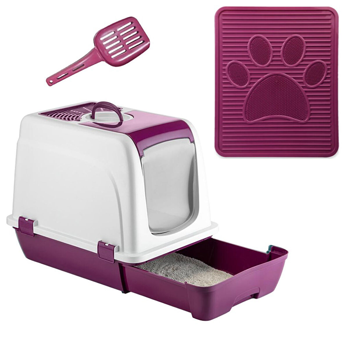 Orta Boy Çekmeceli Kapalı Kedi Tuvaleti Paspas ve Kürek Hediyeli