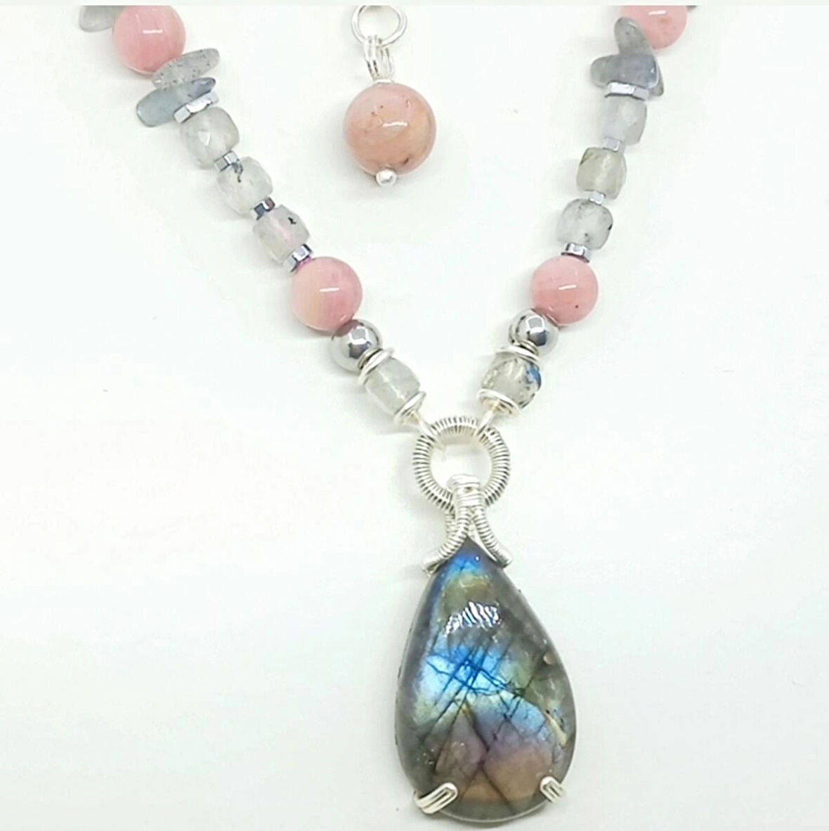 2484 Labradorit Rodonit el yapımı kolye