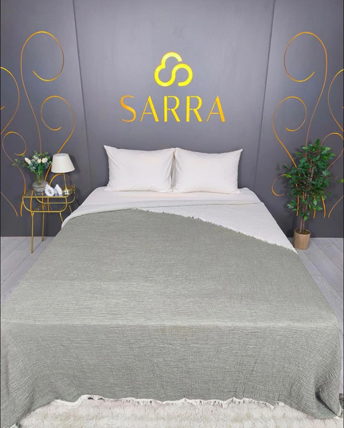 SARRA 220X240 ÇİFT KİŞİLİK MÜSLİN YATAK ÖRTÜSÜ - HAKİ YEŞİL