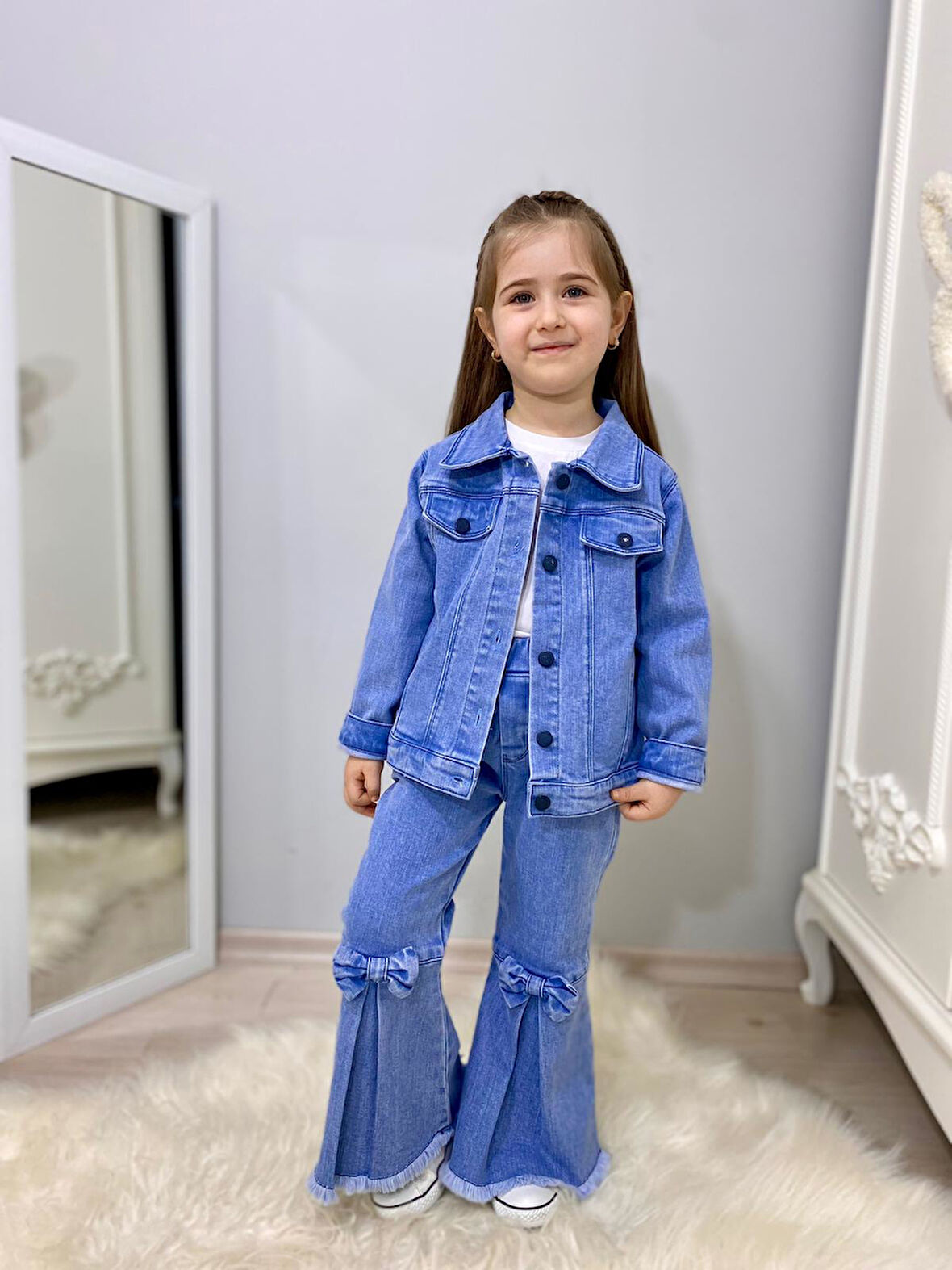 MODAVALS FİYONK DETAYLI İSPANYOL PAÇA KOT PANTOLON & KOT CEKET & BADİ KIZ ÇOCUK KOMBİN