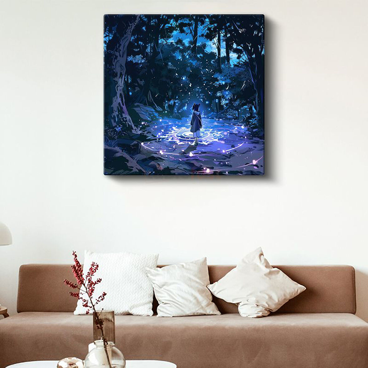 Gece Ormanı - Mavi Işık Dairesi Anime Kanvas Tablo