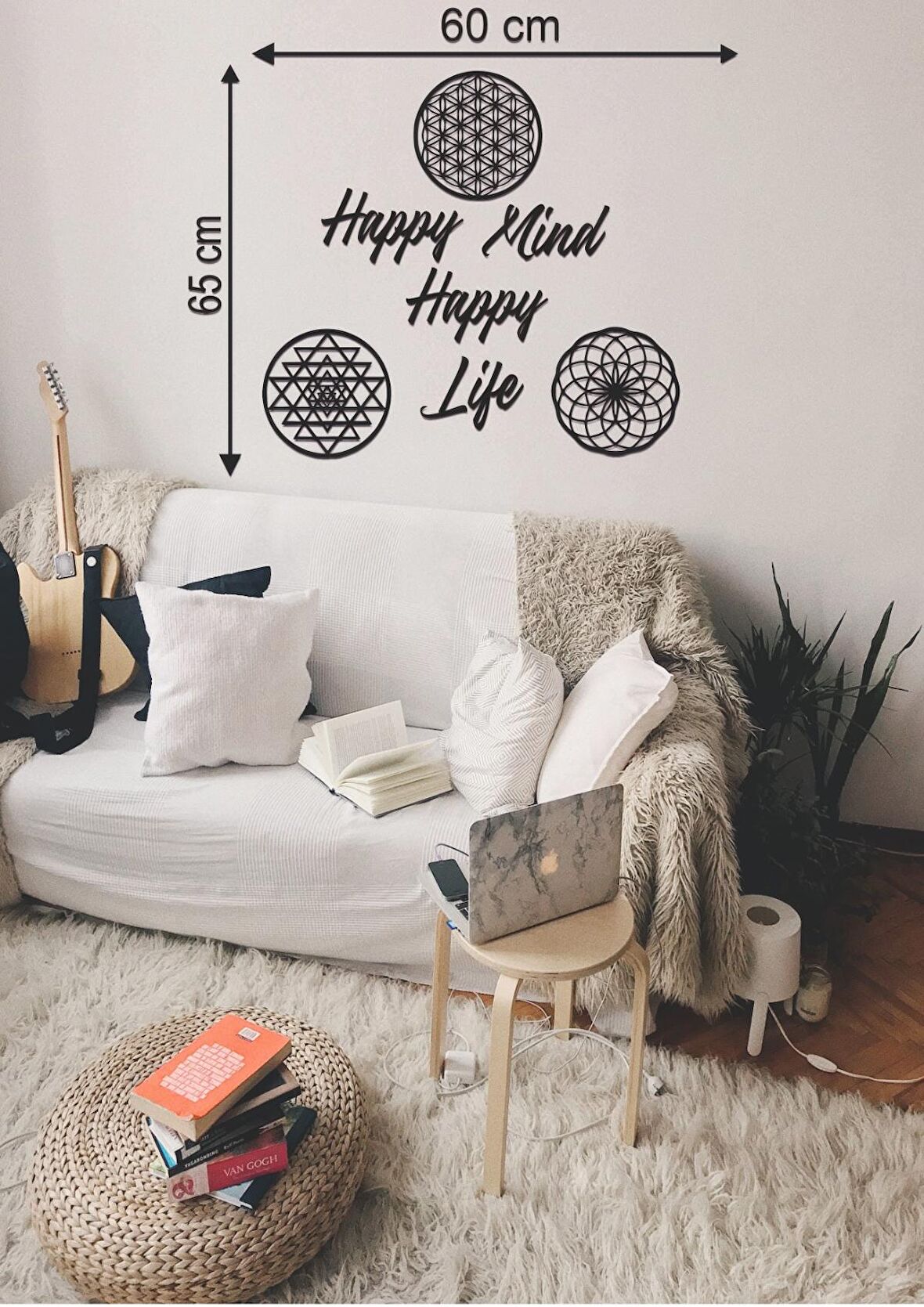 Leylaser 65*60 cm Happy Mind Happy Life Ahşap Duvar Yazısı