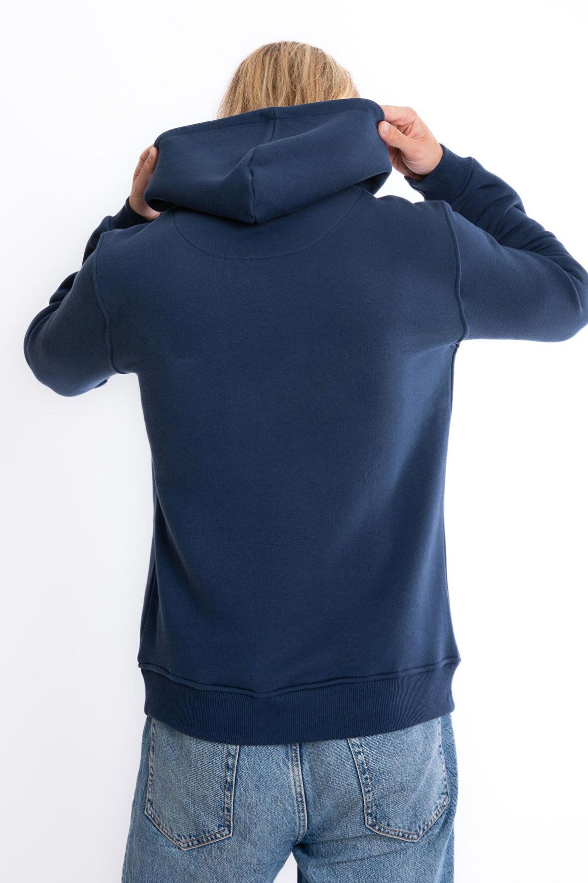 Erkek Lacivert Kapüşonlu Kanguru Cepli 3 Iplik Şardonlu Polarlı Sweatshirt S-204