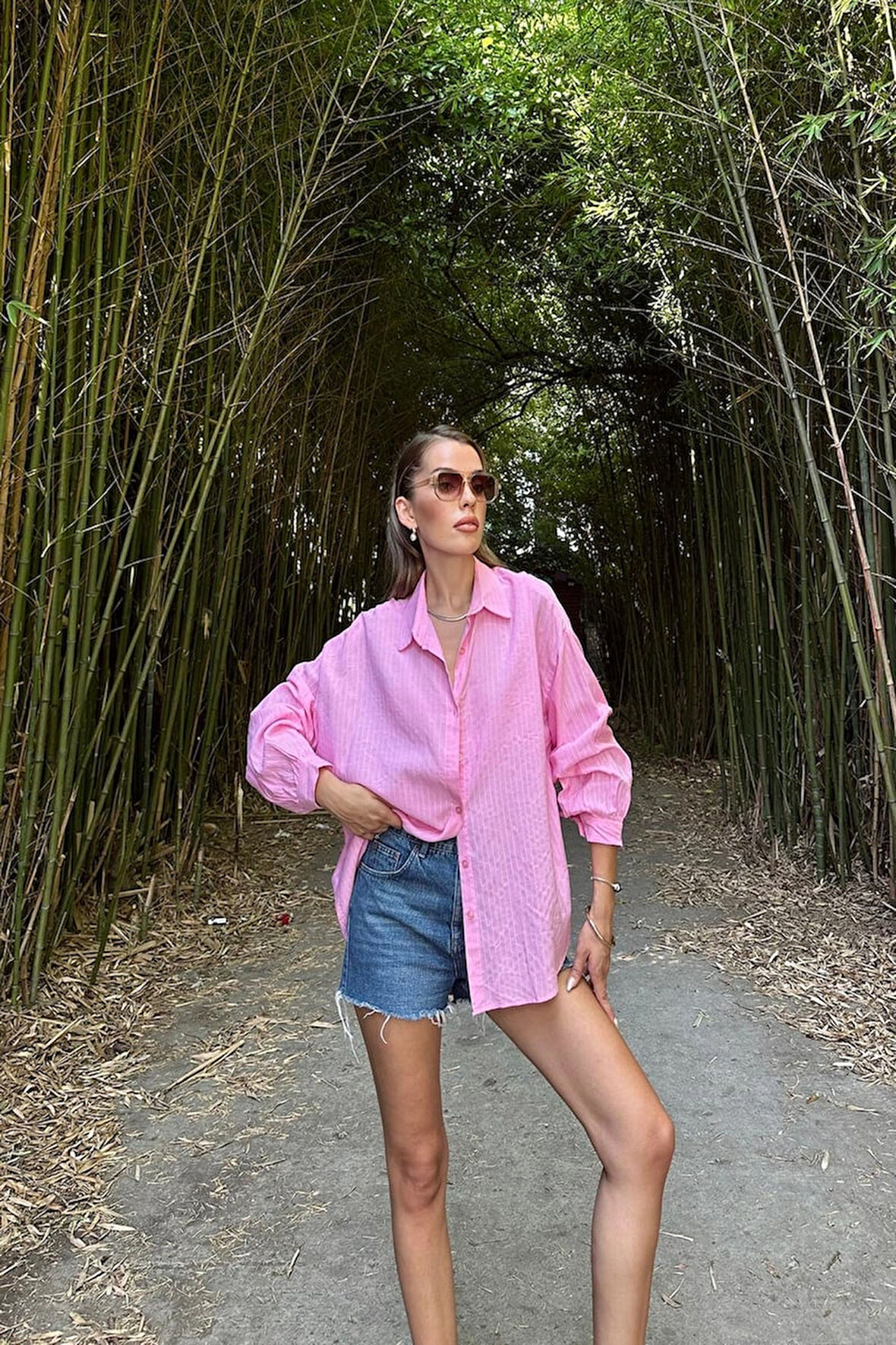 Pembe - Çizgili Uzun Kol Gömlek