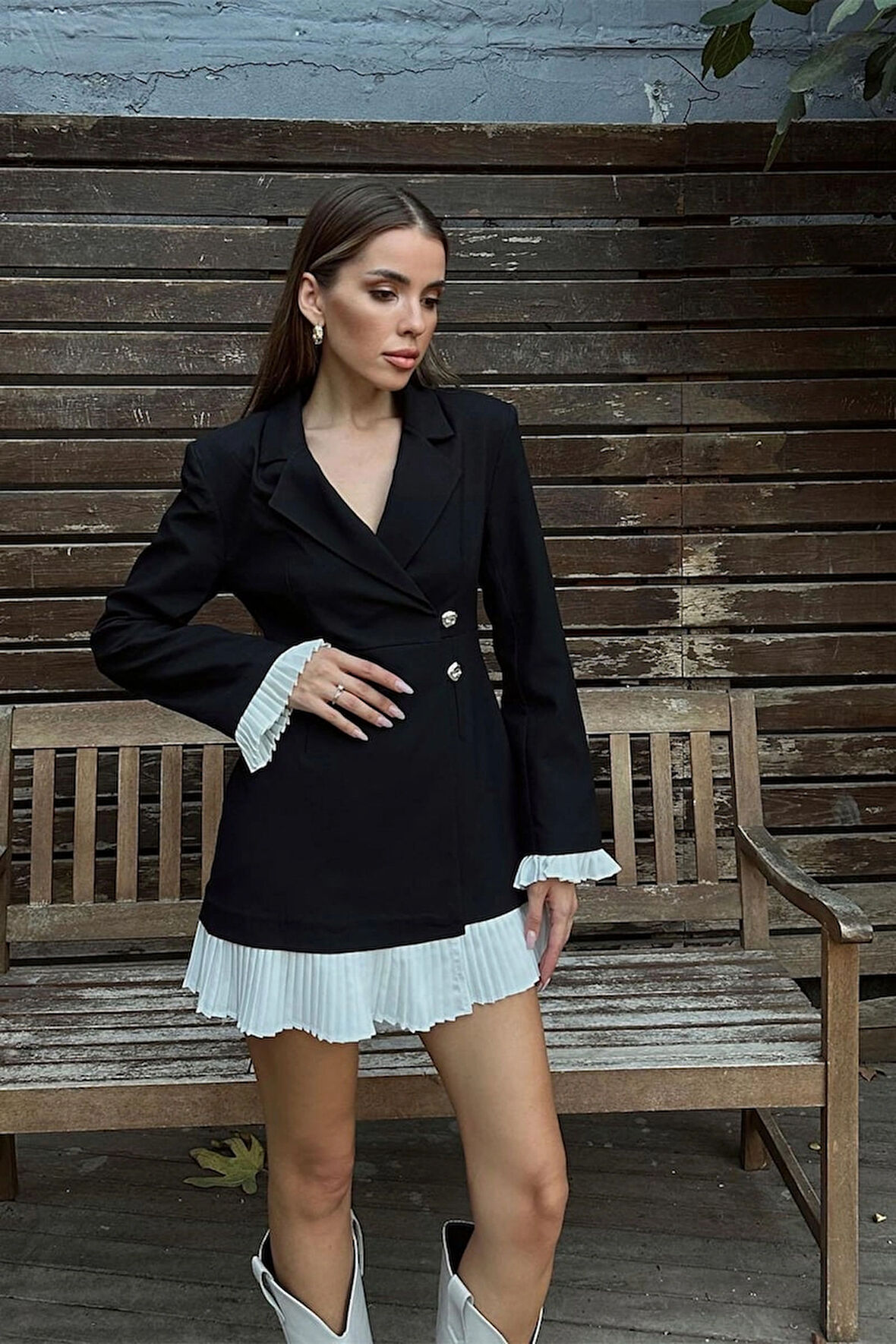 Siyah - Kruvaze Yaka Düğmeli Kadın Ceket Elbise
