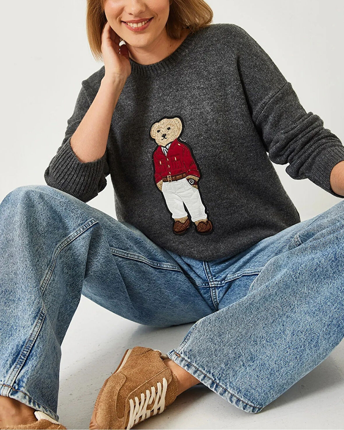 Antrasit - Ayıcıklı Teddy Kazak