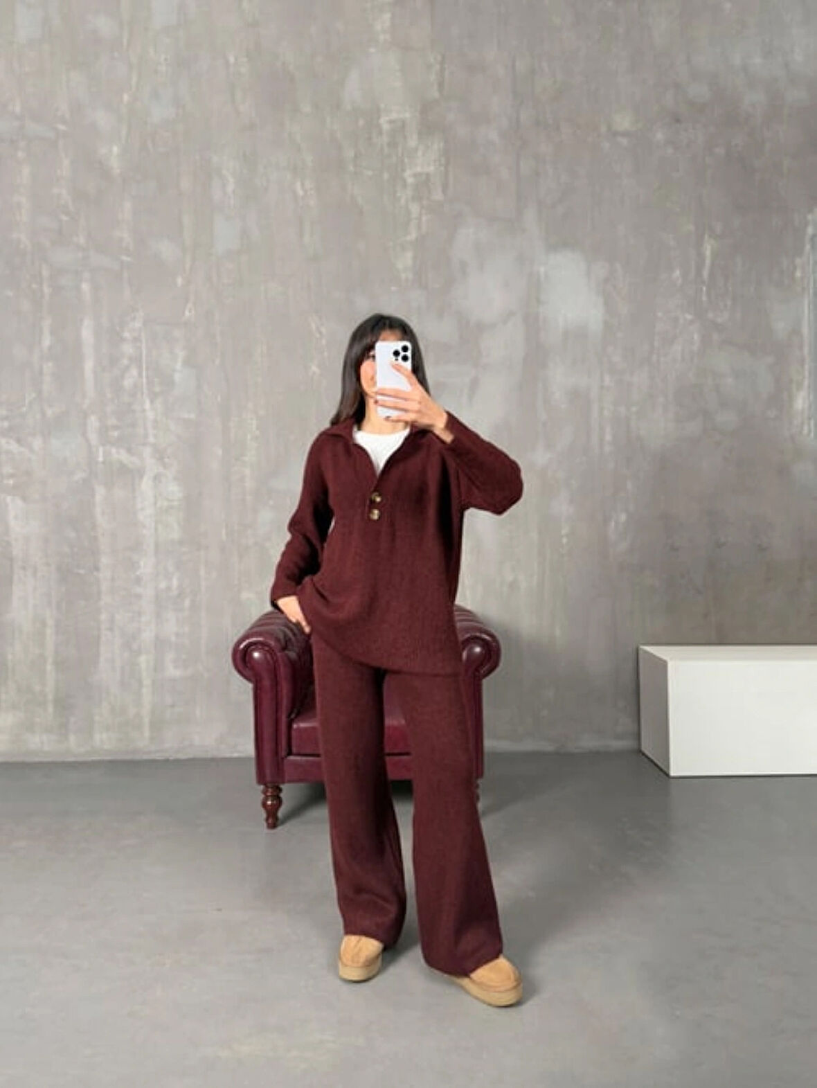 Bordo - Polo Yaka Fitilli Triko Takım