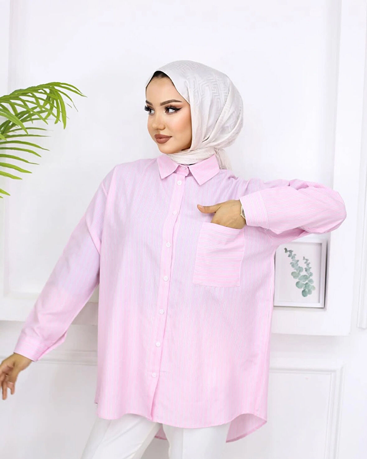 Pembe - Cepli Çizgili Gömlek