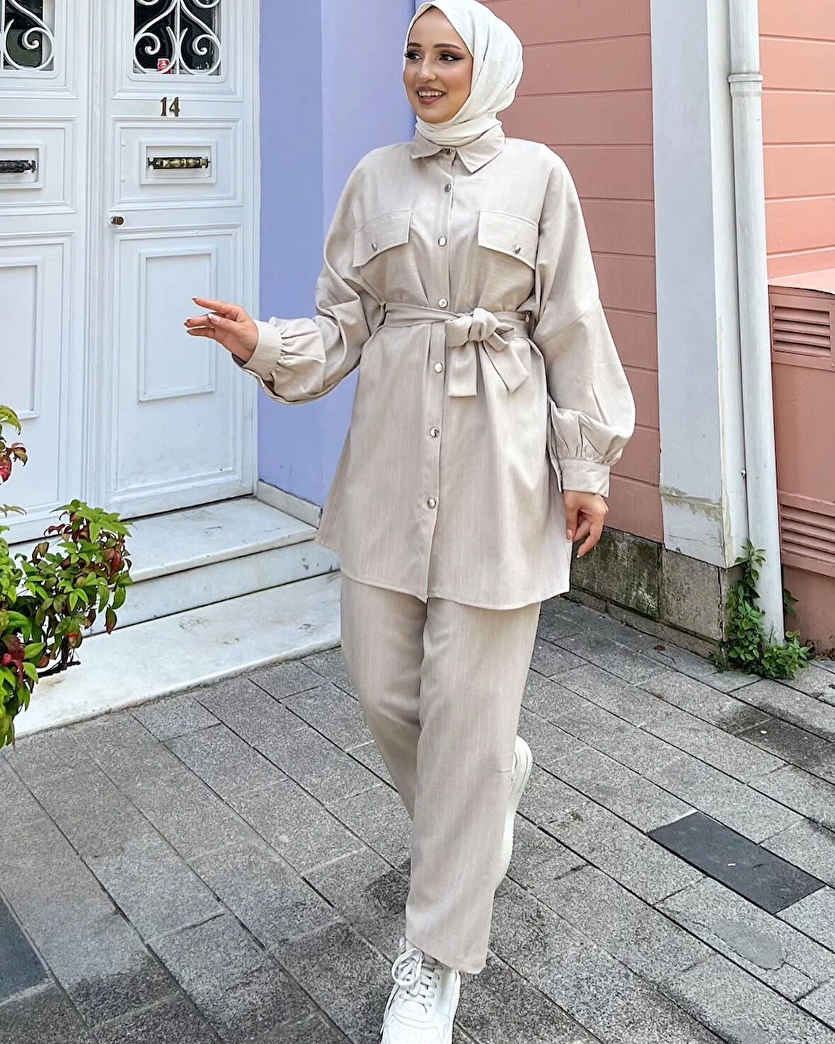 Bej - Kemerli Çizgili Gömlek Takım