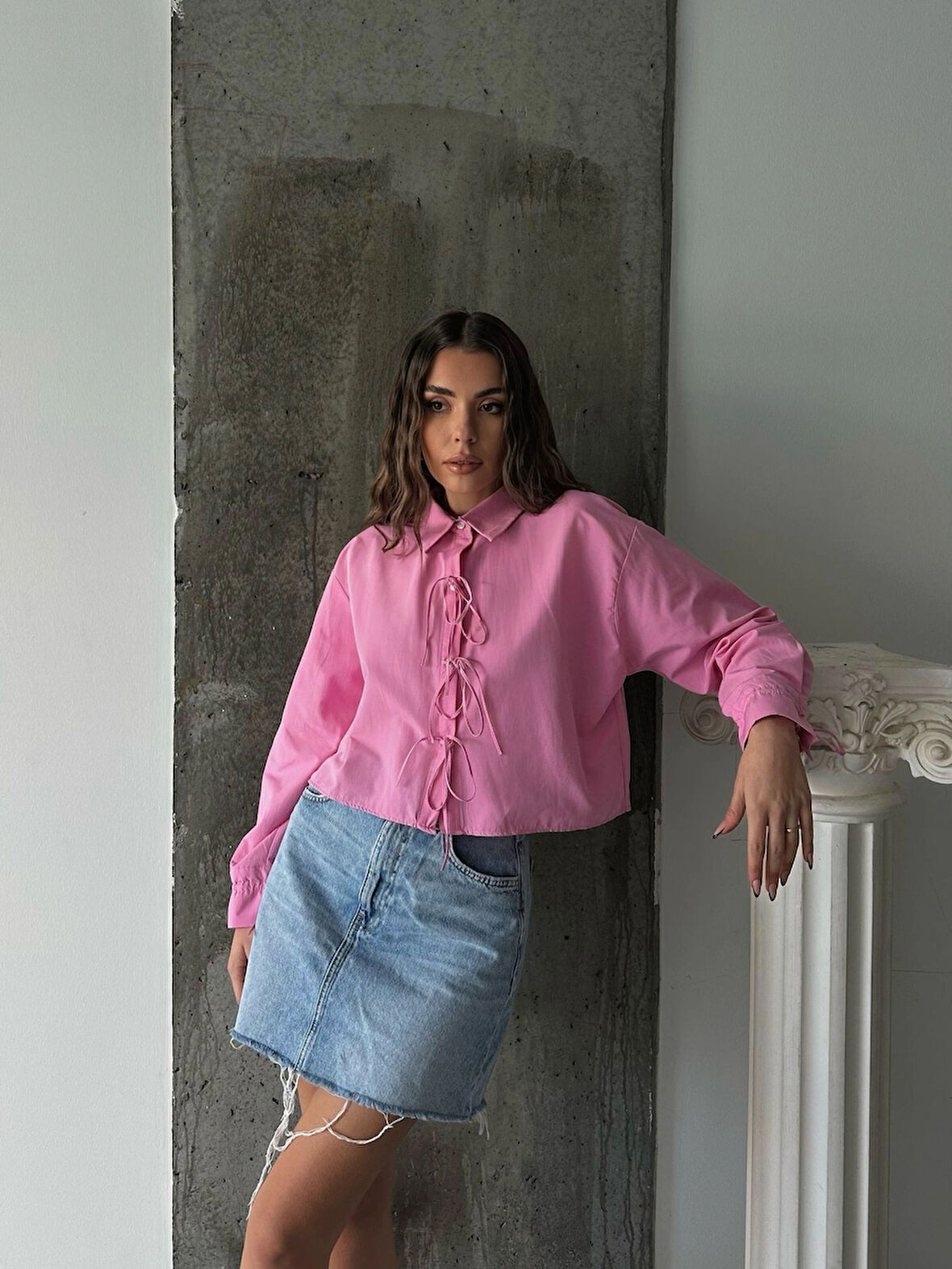 Pembe - Önden Bağlamalı Uzun Kol Pamuklu Gömlek