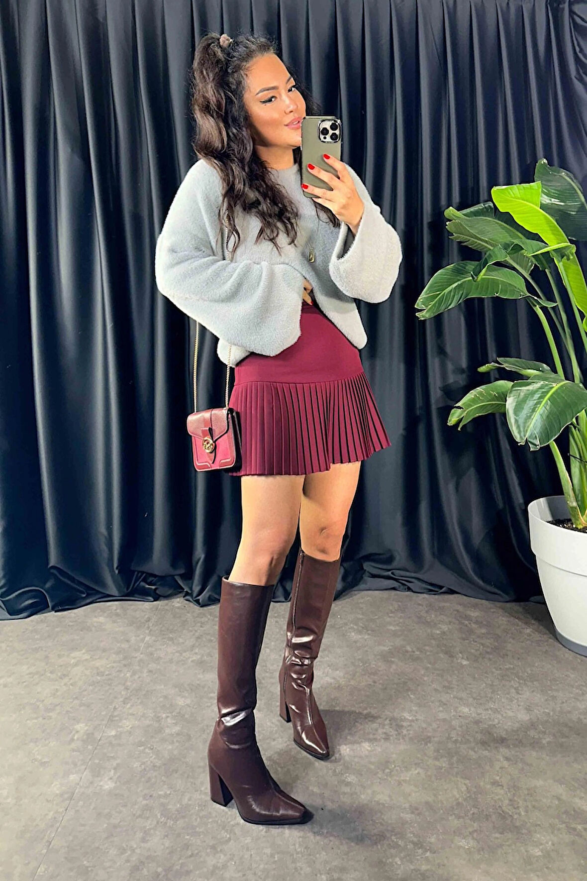 Bordo - Pileli Mini Etek