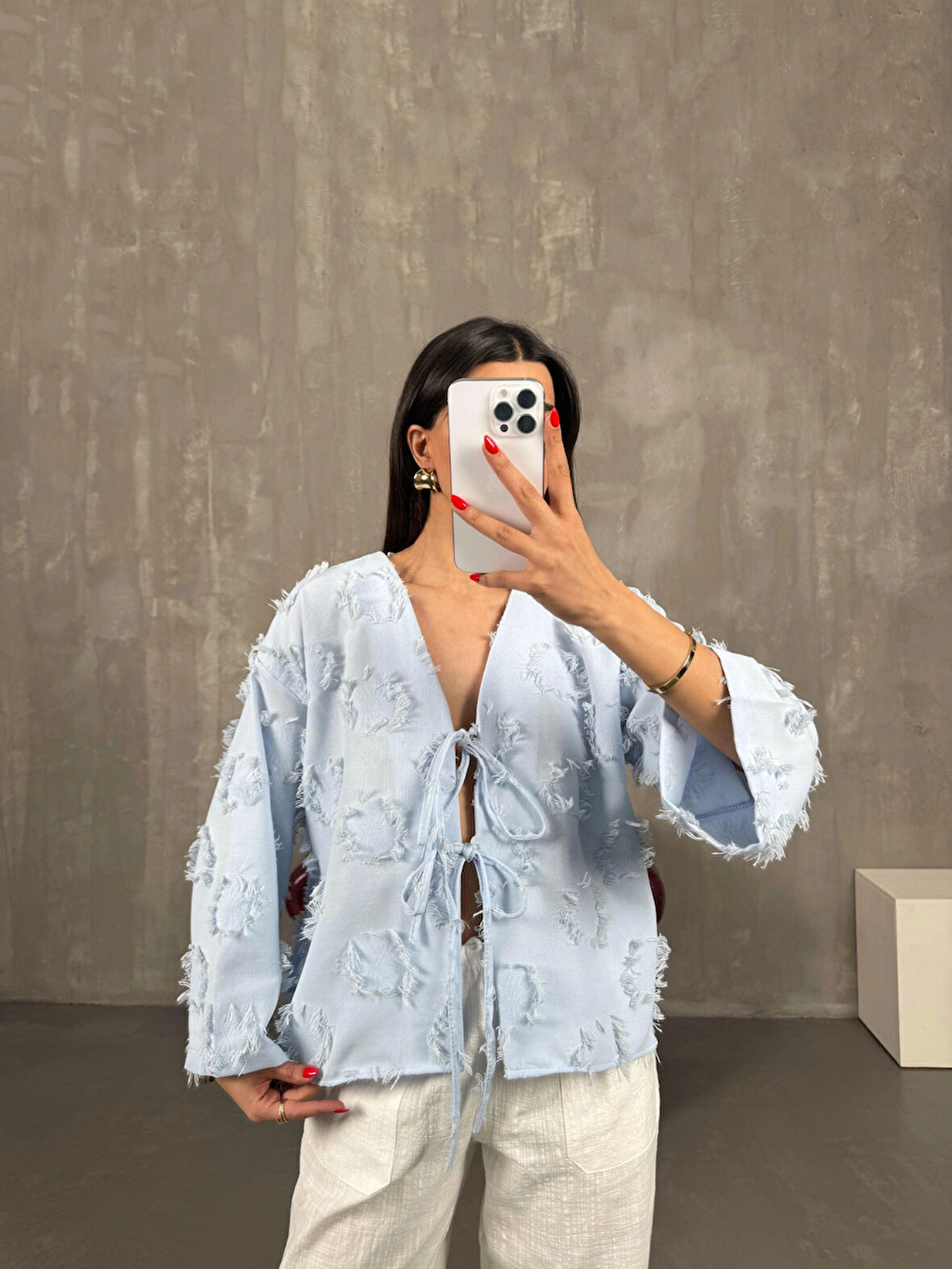 Bebek Mavisi - Püsküllü Önü Bağlamalı Keten Kimono Ceket