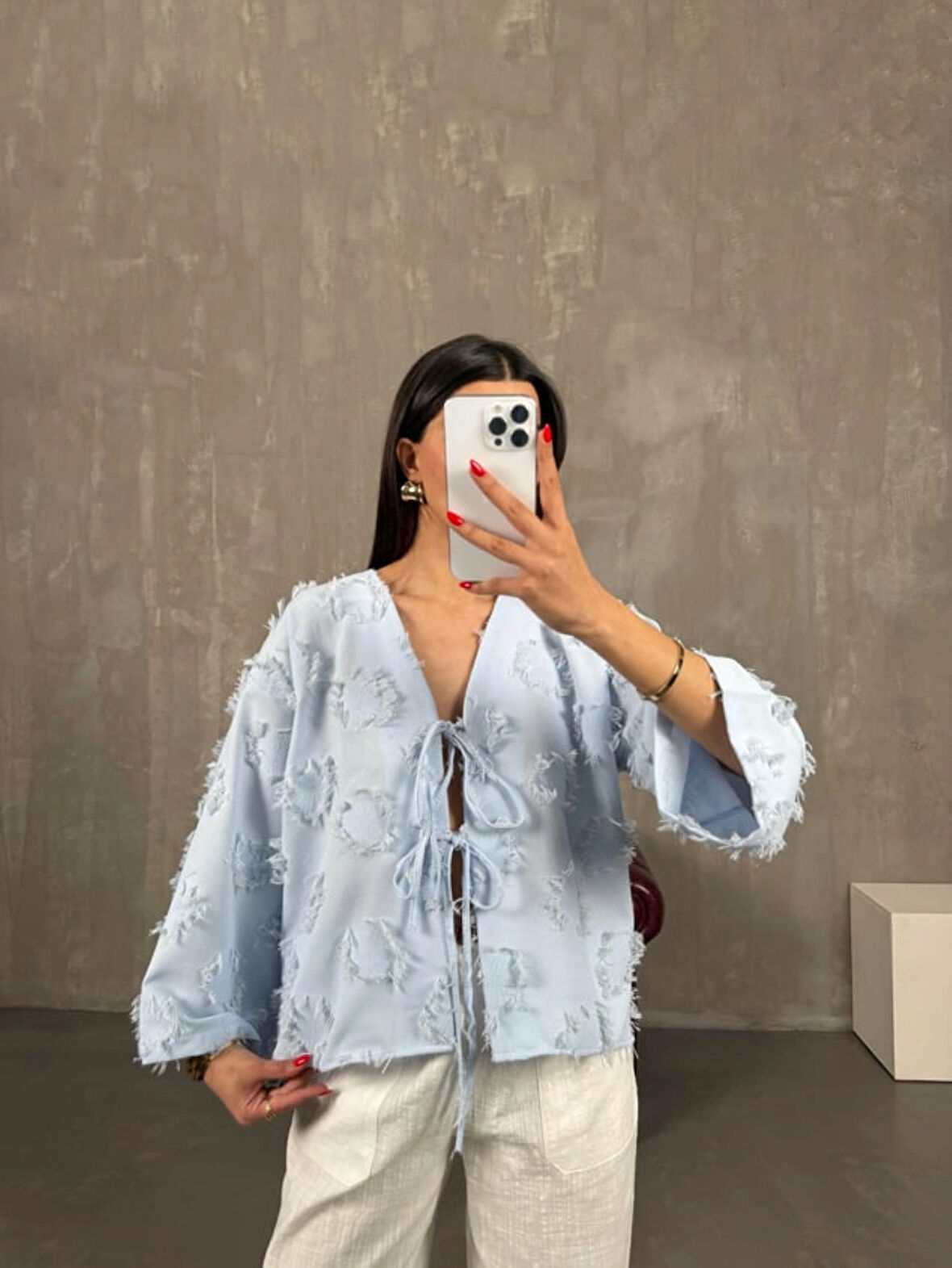 Bebek Mavisi - Püsküllü Önü Bağlamalı Keten Kimono Ceket