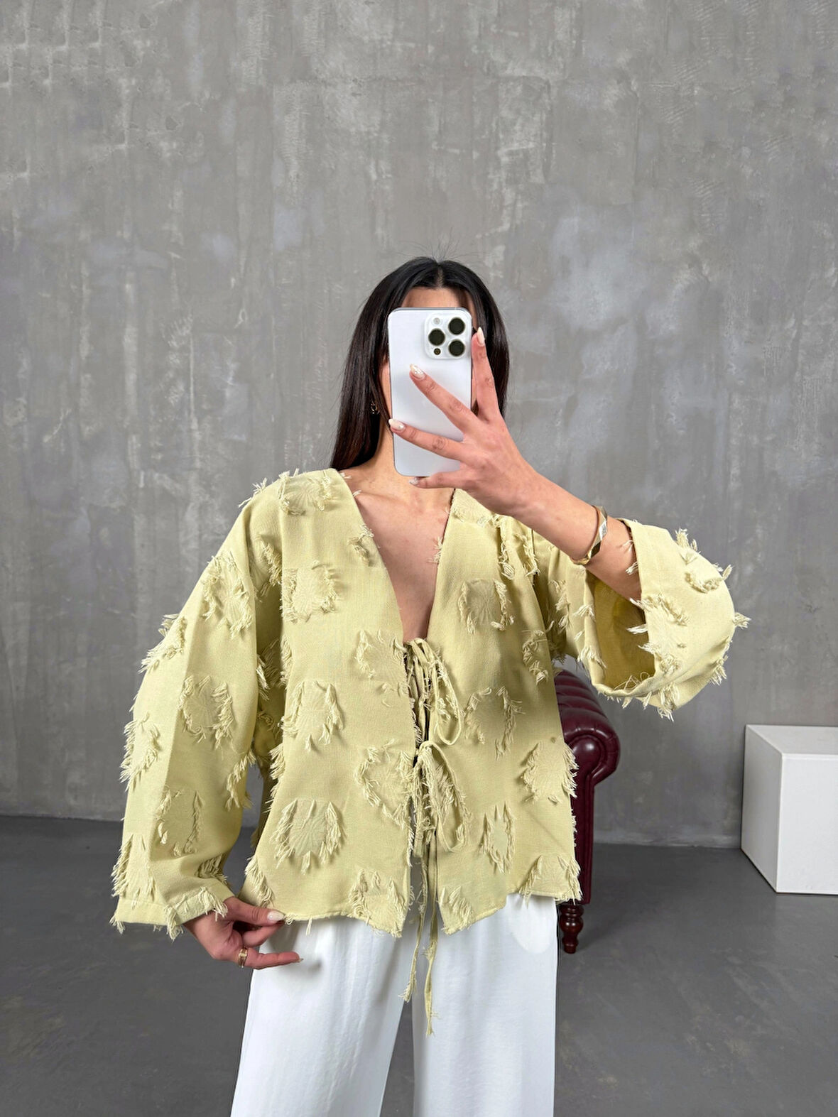 Haki - Püsküllü Önü Bağlamalı Keten Kimono Ceket