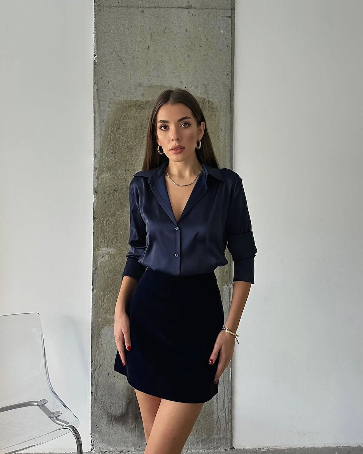 Lacivert - Saten Gömlek