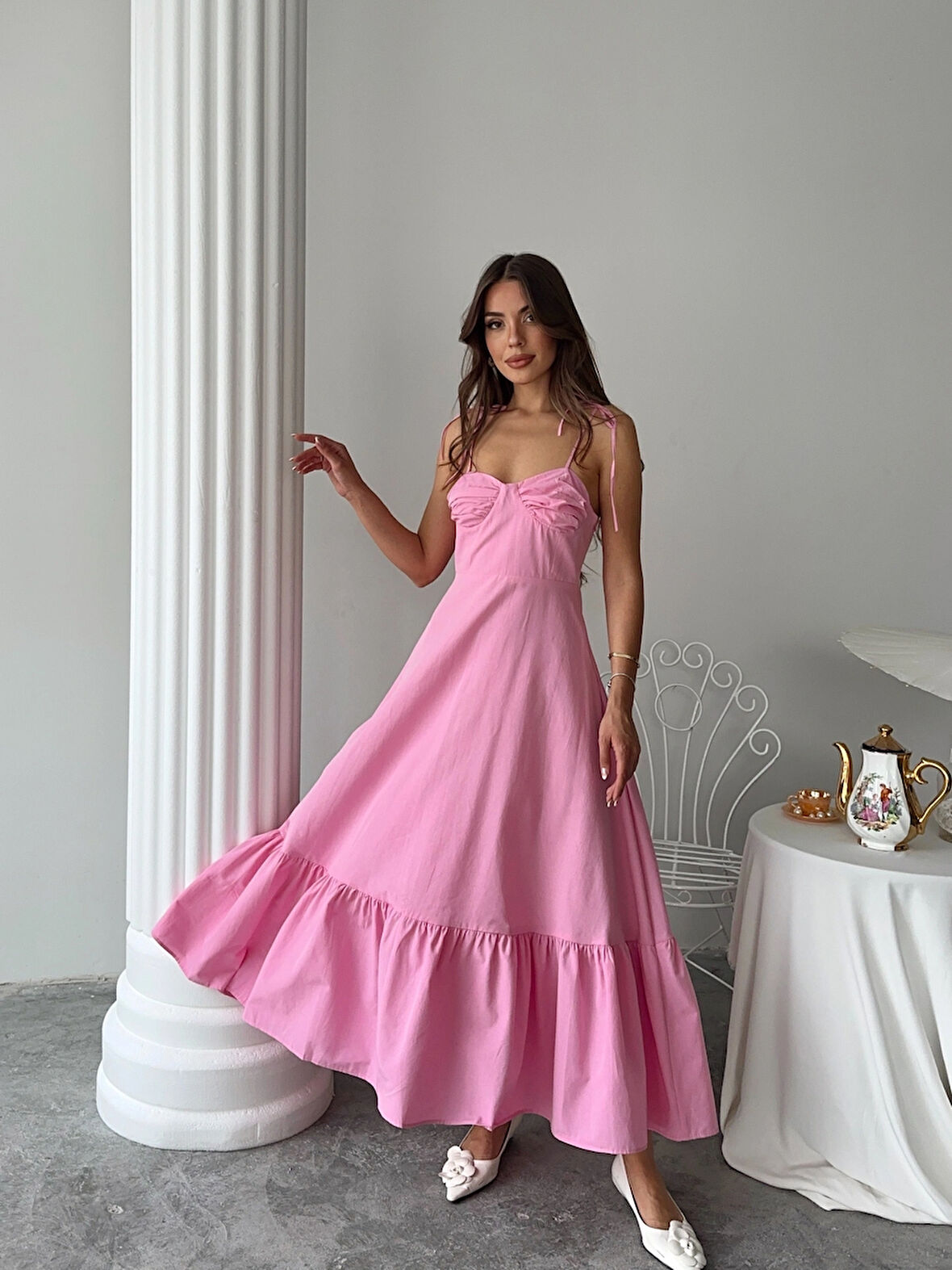 Pembe - Göğüs Drapeli Kloş Prenses Elbise