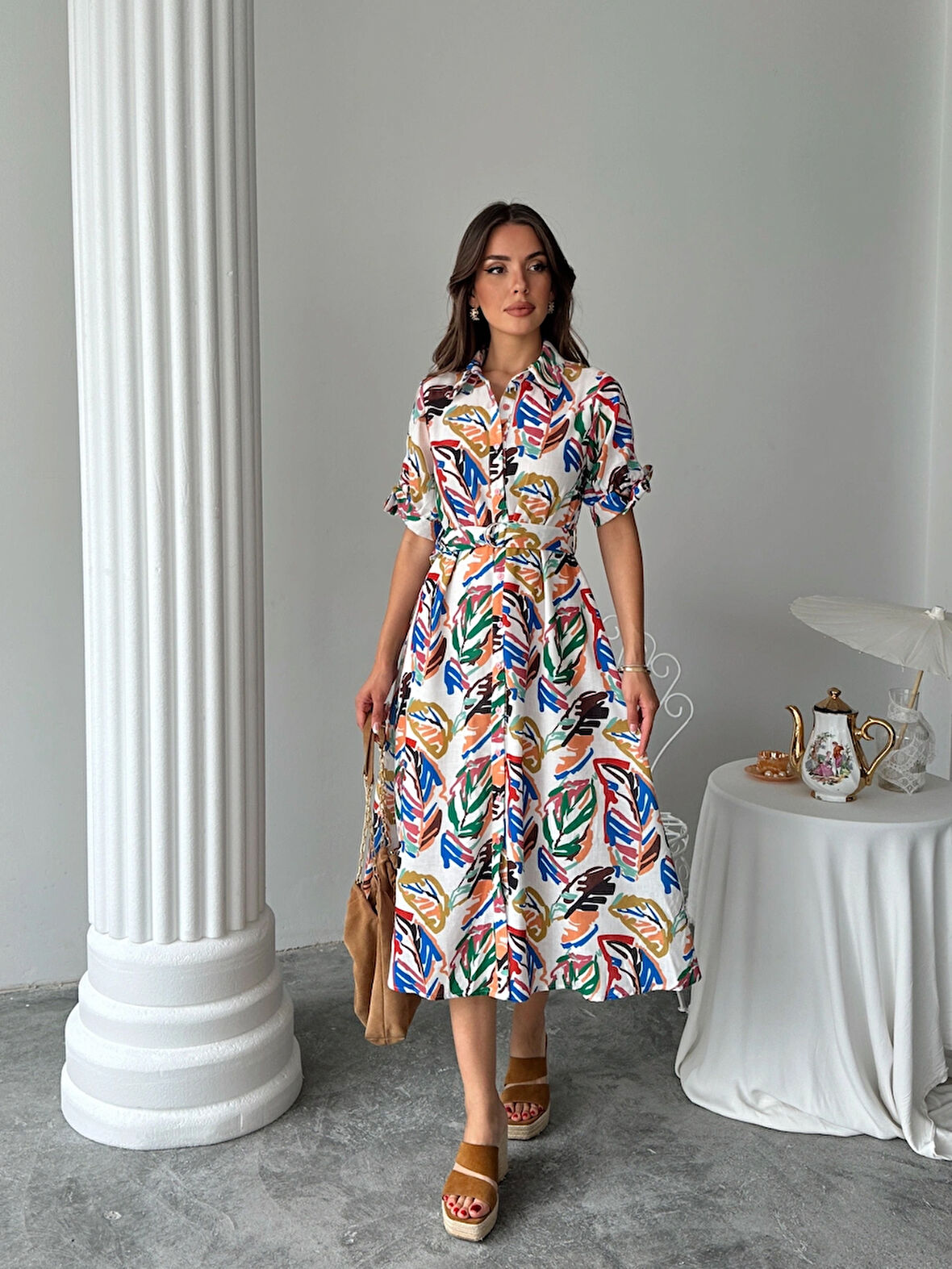 Lacivert - Boydan Düğmeli Yaprak Desenli Kemerli Midi Elbise