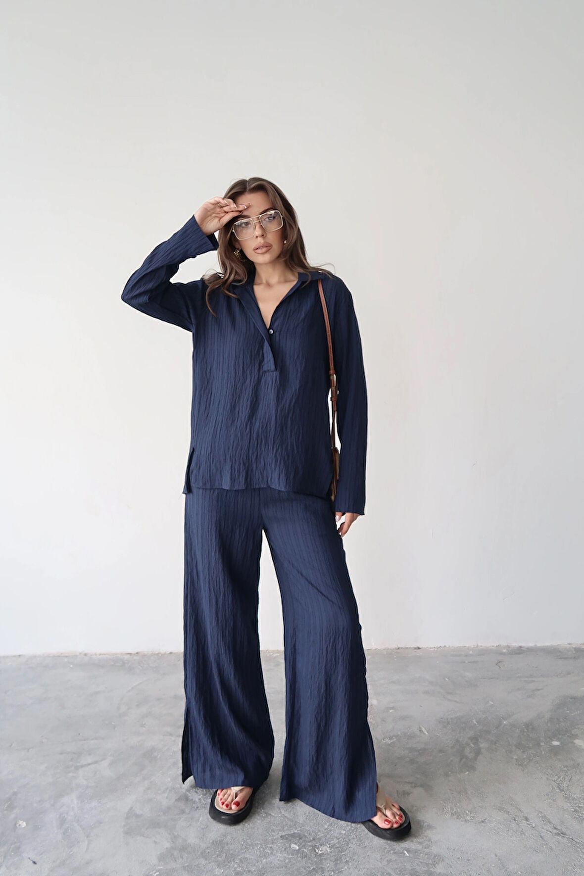 Lacivert - Kendinden Çizgili Gömlek Pantolon Takım