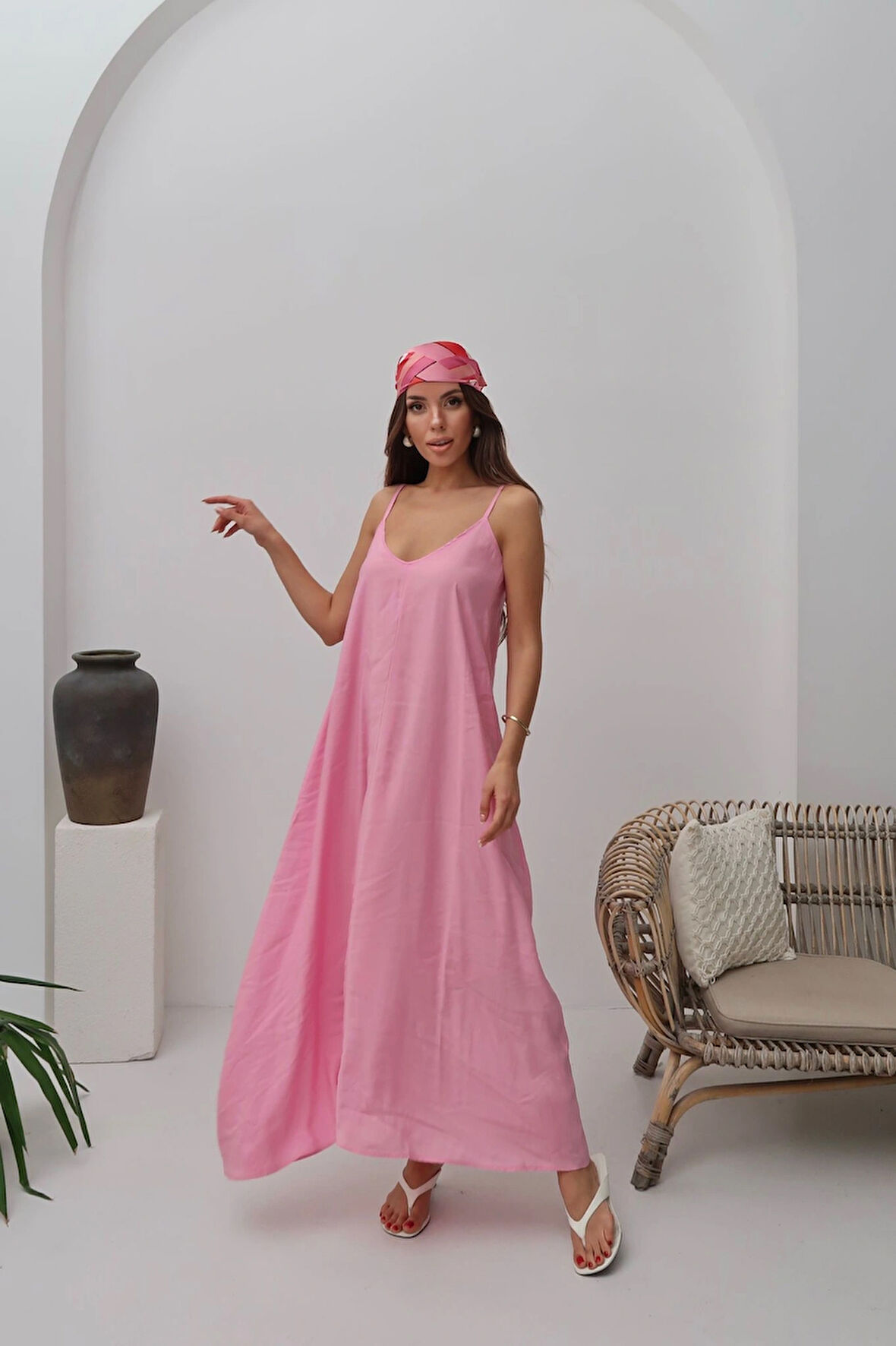 Pembe - Pembe İp Askılı Salaş Dökümlü Elbise