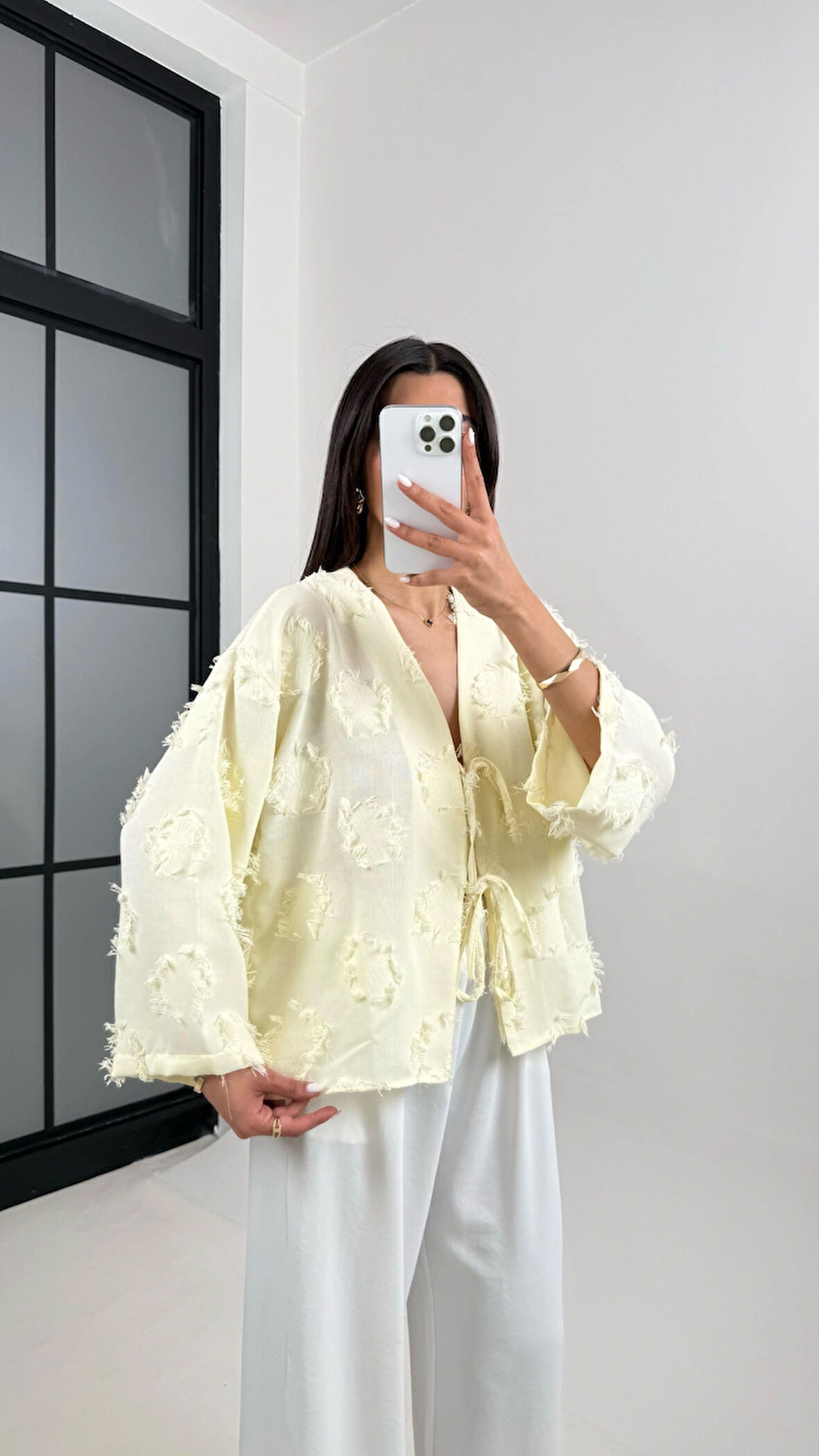 Sarı - Püsküllü Önü Bağlamalı Keten Kimono Ceket