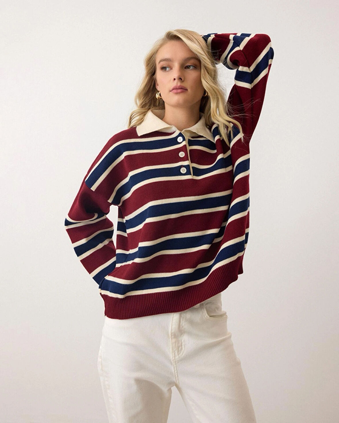 Bordo - Retro Kalın Çizgili Düğmeli Polo Yaka Triko Kazak
