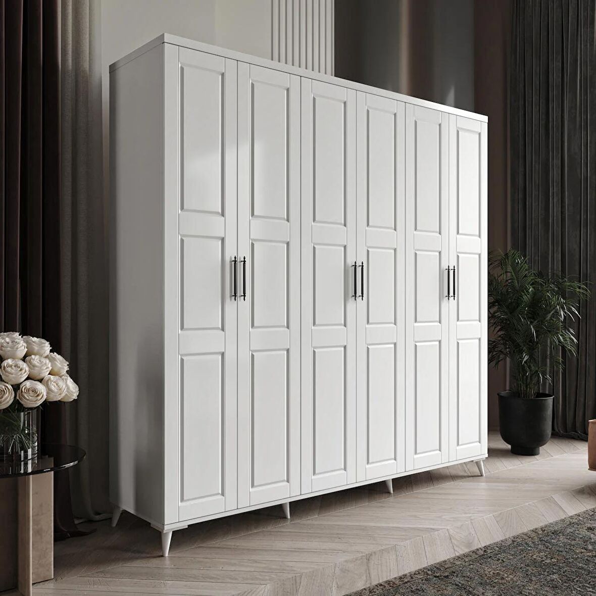 Ücretsiz Montaj - 100% MDF Pana 6 Kapaklı Beyaz Gardırop - MDF Dolap - Elbise Dolabı