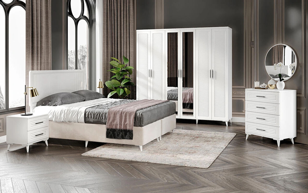 Ücretsiz Montaj -100 % MDF Paris 6 Kapaklı Beyaz Yatak Odası Takımı Bazalı