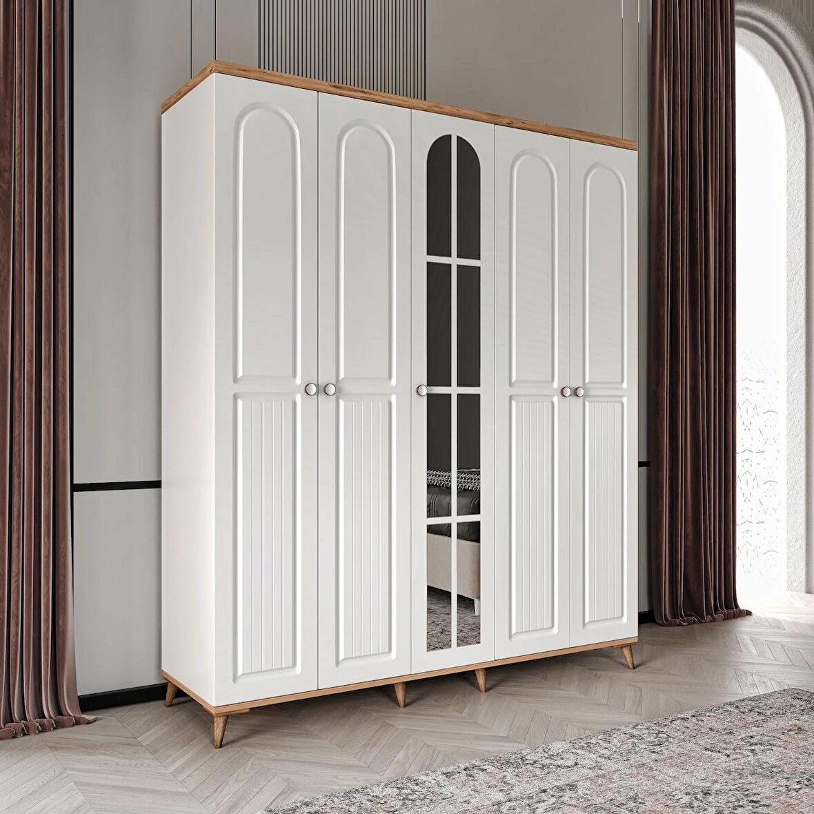 Ücretsiz Montaj - 100% MDF Bohem 5 Kapaklı - Aynalı Beyaz Gardırop - MDF Dolap - Elbise Dolabı