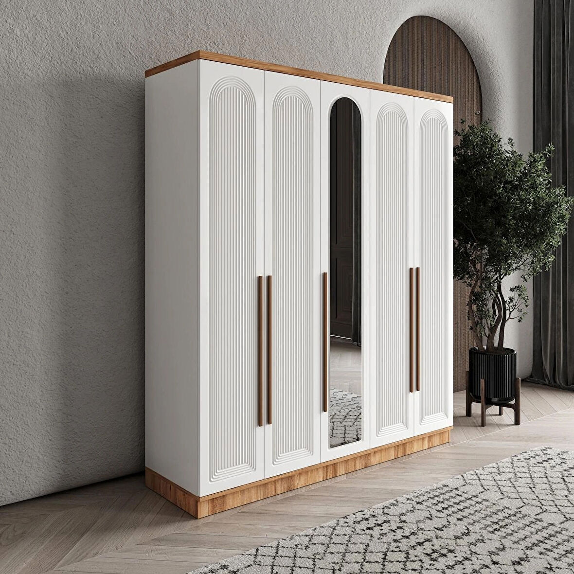 Ücretsiz Montaj - 100% MDF Rosa 5 Kapaklı - Aynalı Beyaz Gardırop - MDF Dolap - Elbise Dolabı